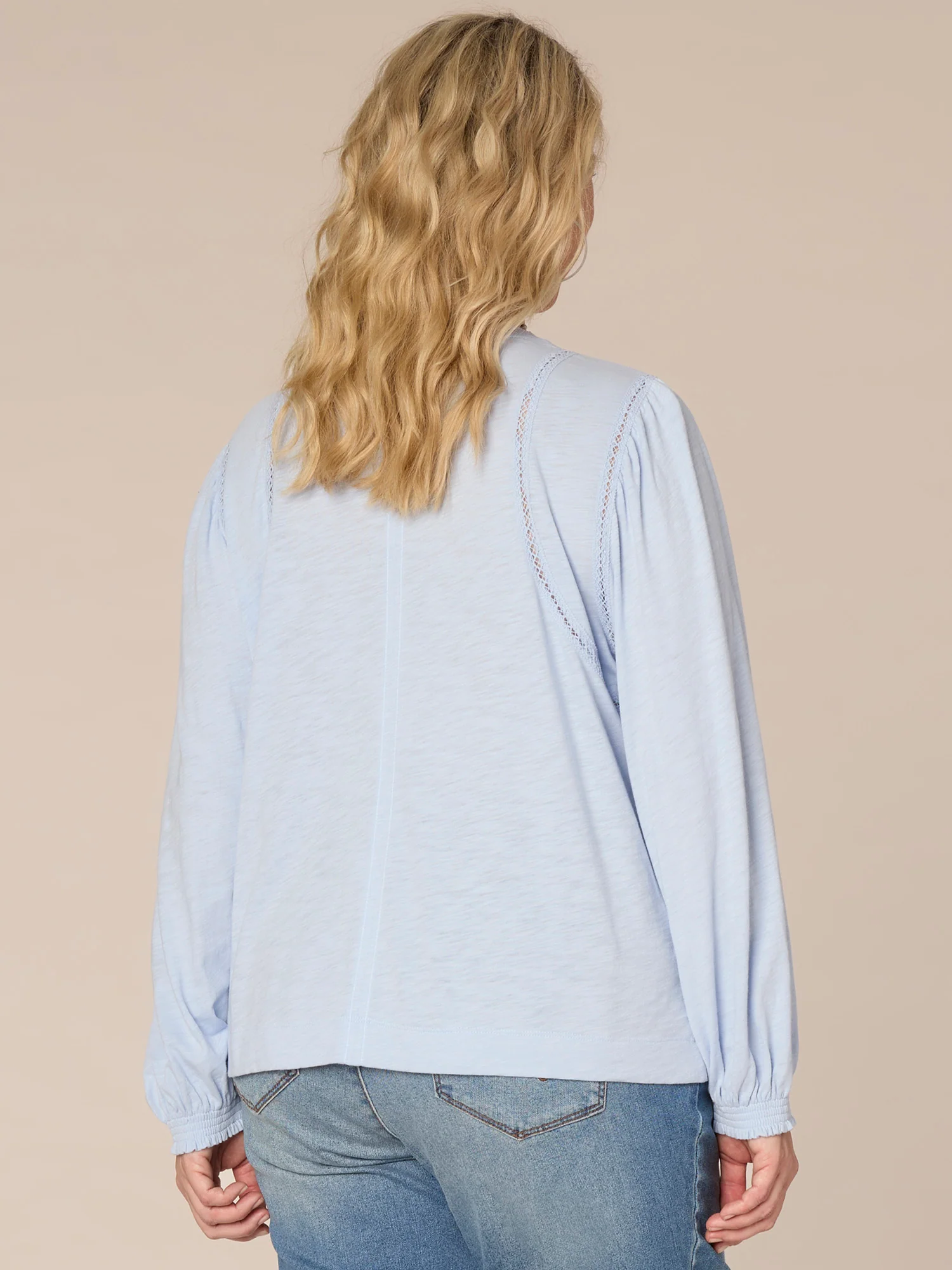 Long Puff Sleeve Crew Neck Ladder Crochet Detail Plus Size Knit Top - Legahigh