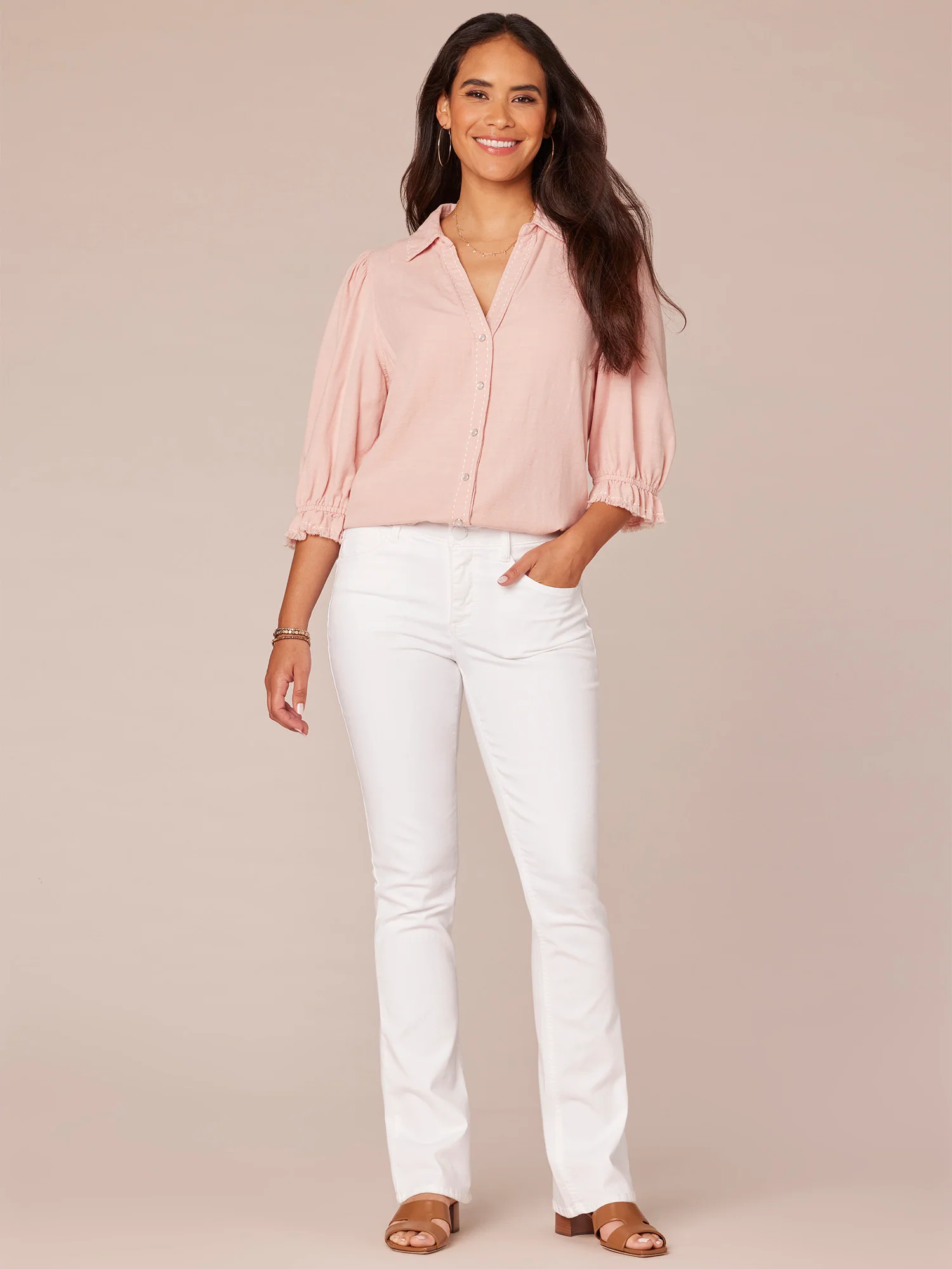 Below Elbow Sleeve Collar V-Neck Western Yoke Snap Button Woven Shirt - Legahigh