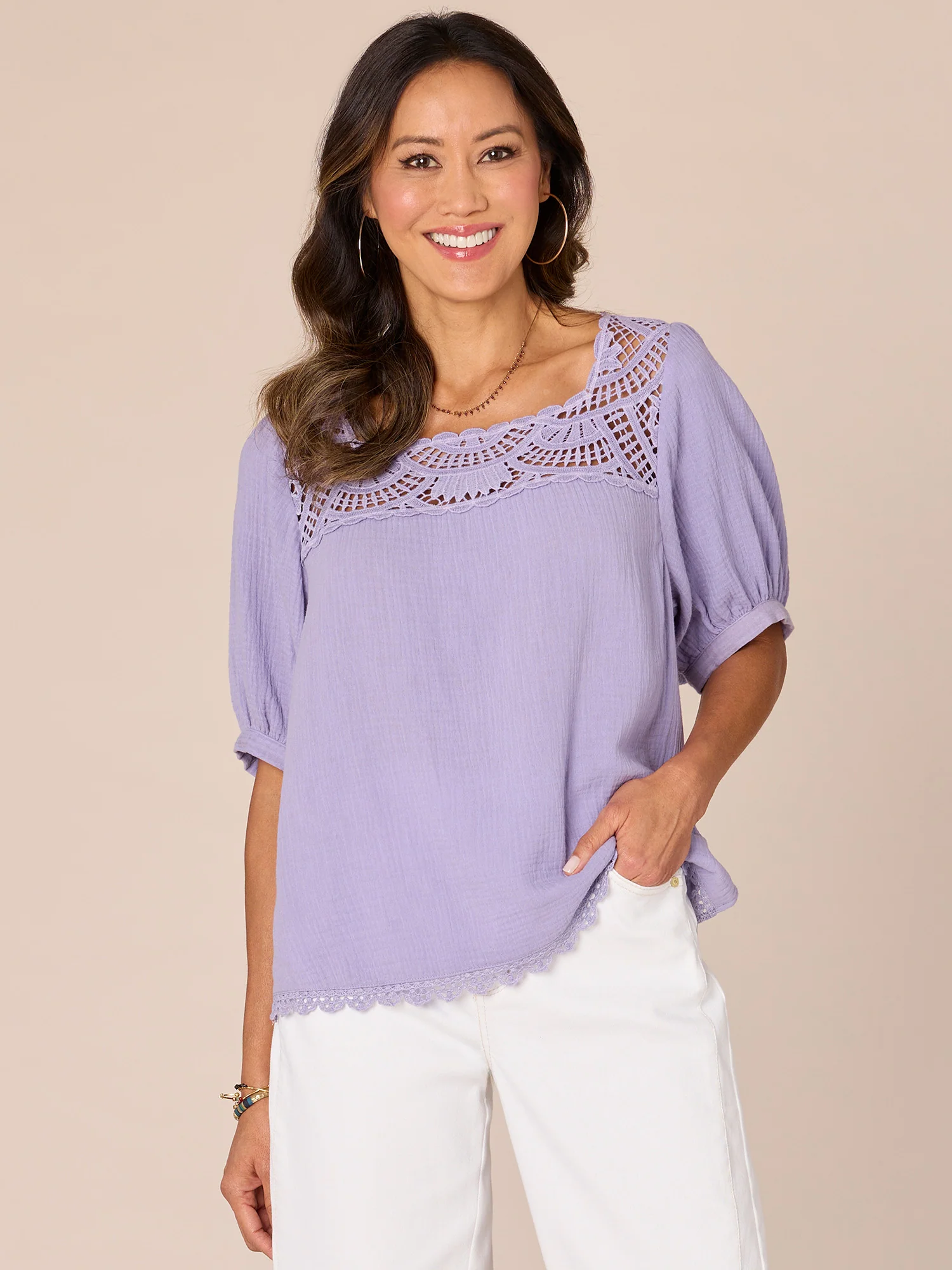 Above Elbow Bubble Sleeve Square Crochet Neck Woven Top - Legahigh