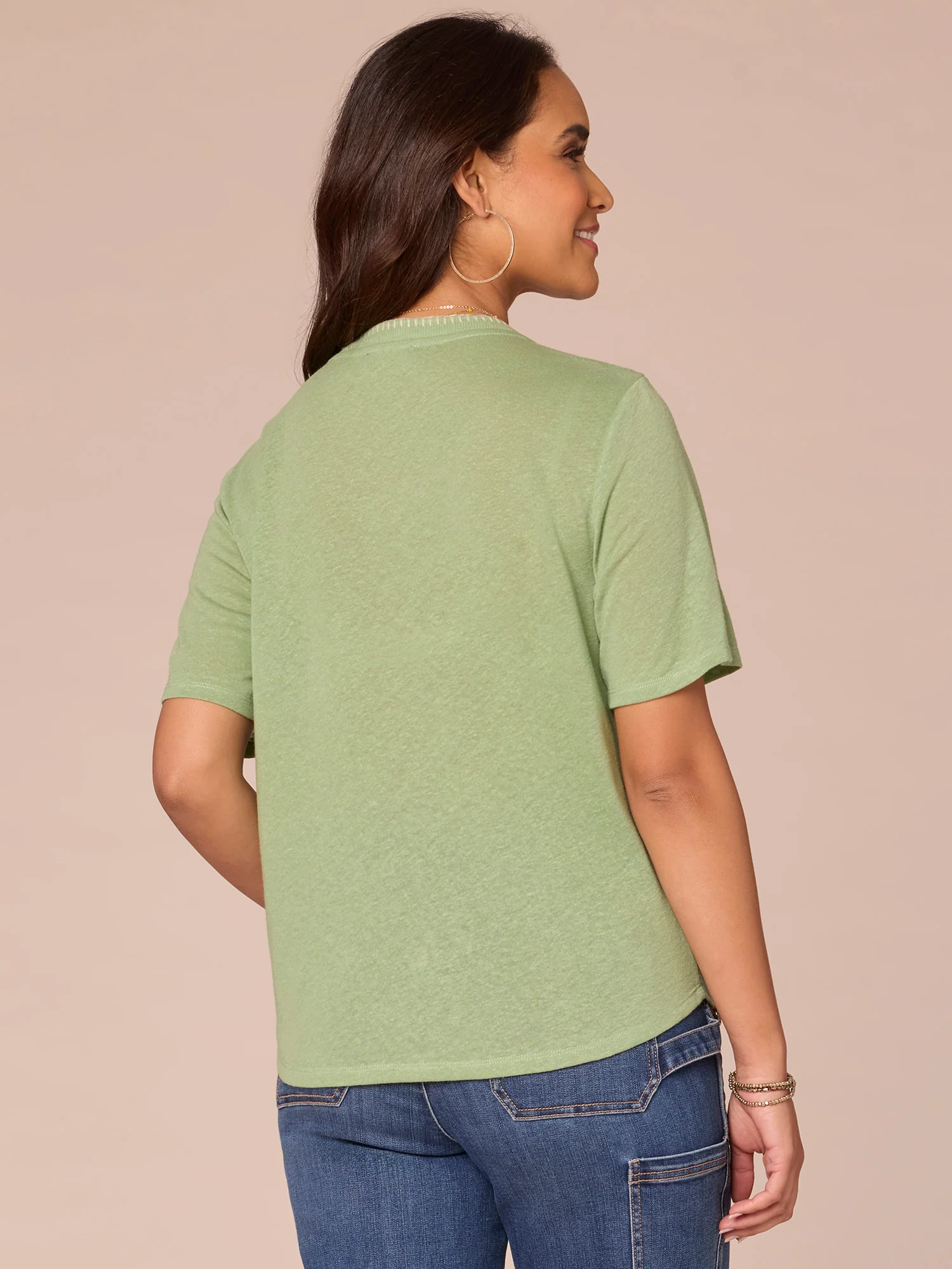 Short Sleeve V-Neck Contrast Blanket Stitch Pocket Knit Top - Legahigh