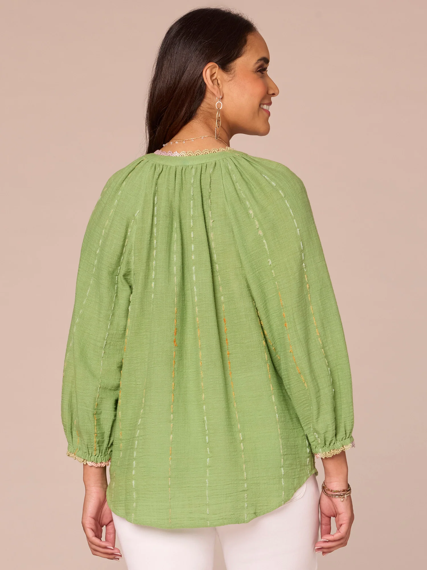 Long Crochet Blouson Sleeve Split V-Neck Braided Tie Front Woven Top - Legahigh