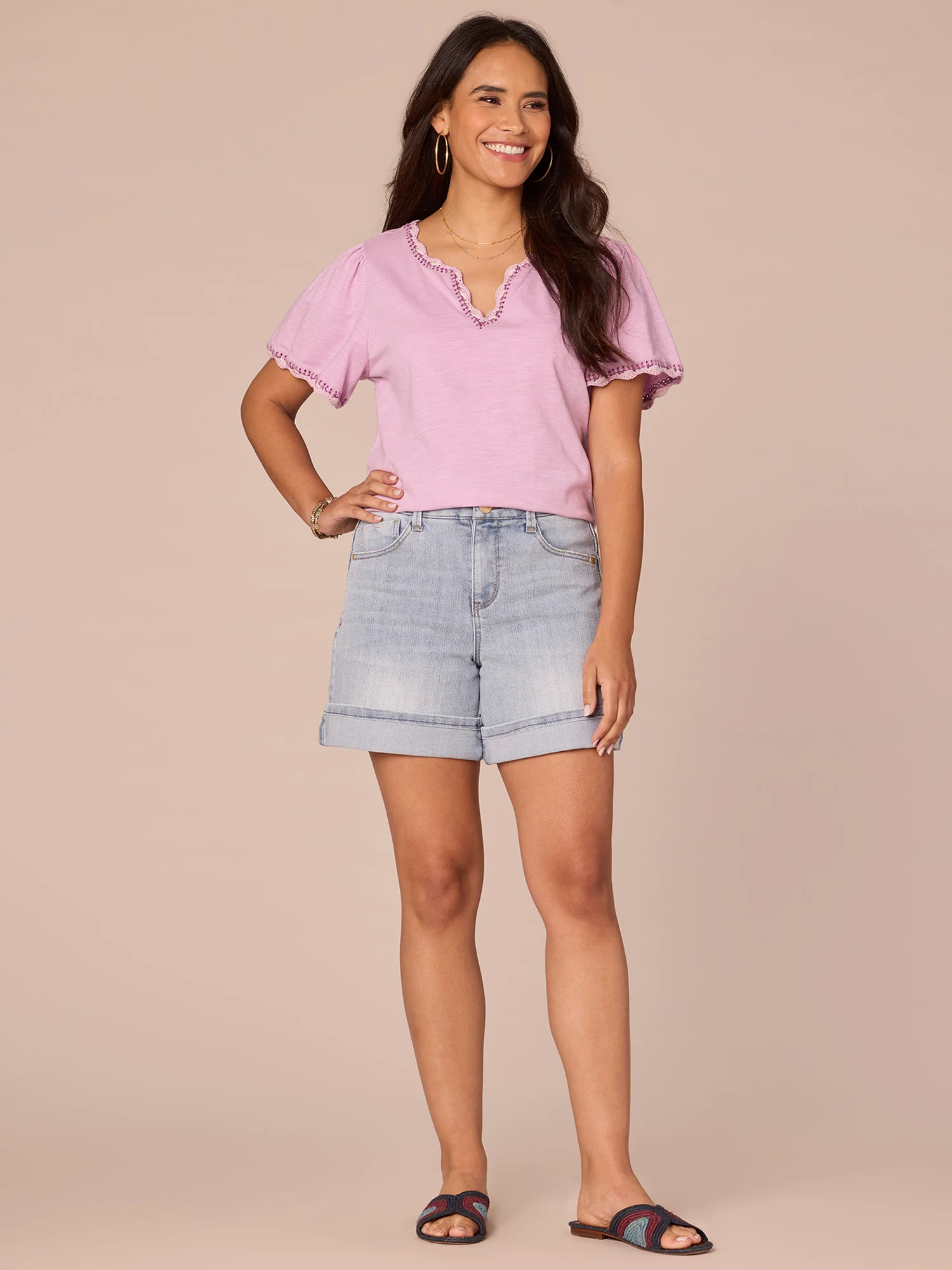 Short Bell Sleeve Scallop Crochet Split V-Neck Surplus Hem Knit Top - Legahigh