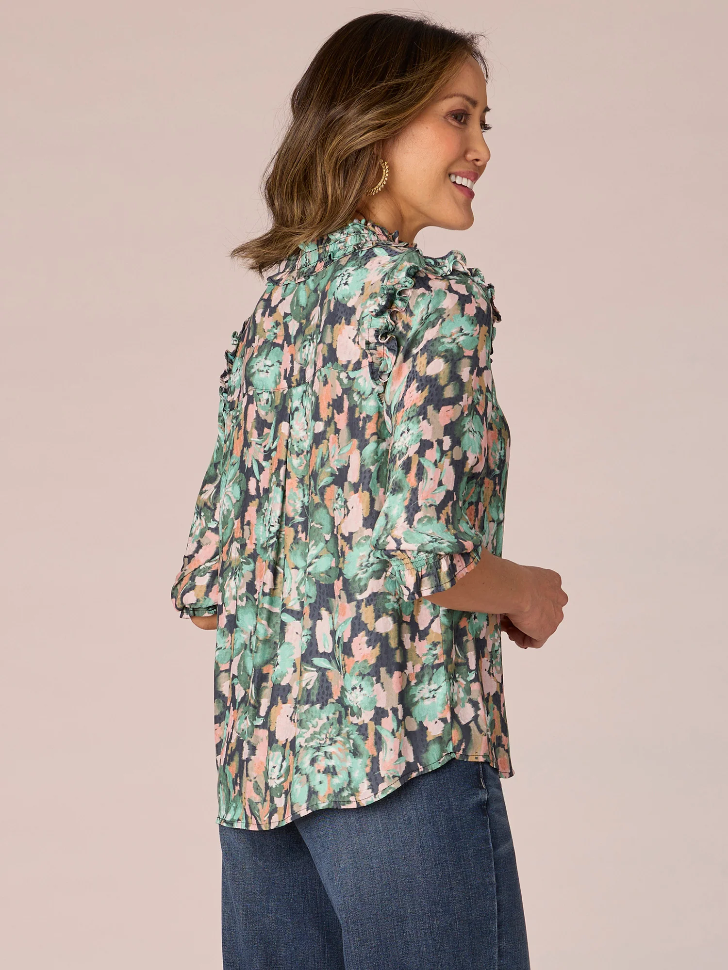 Below Elbow Sleeve Ruffle Stand Collar Floral Printed Woven Top - Legahigh