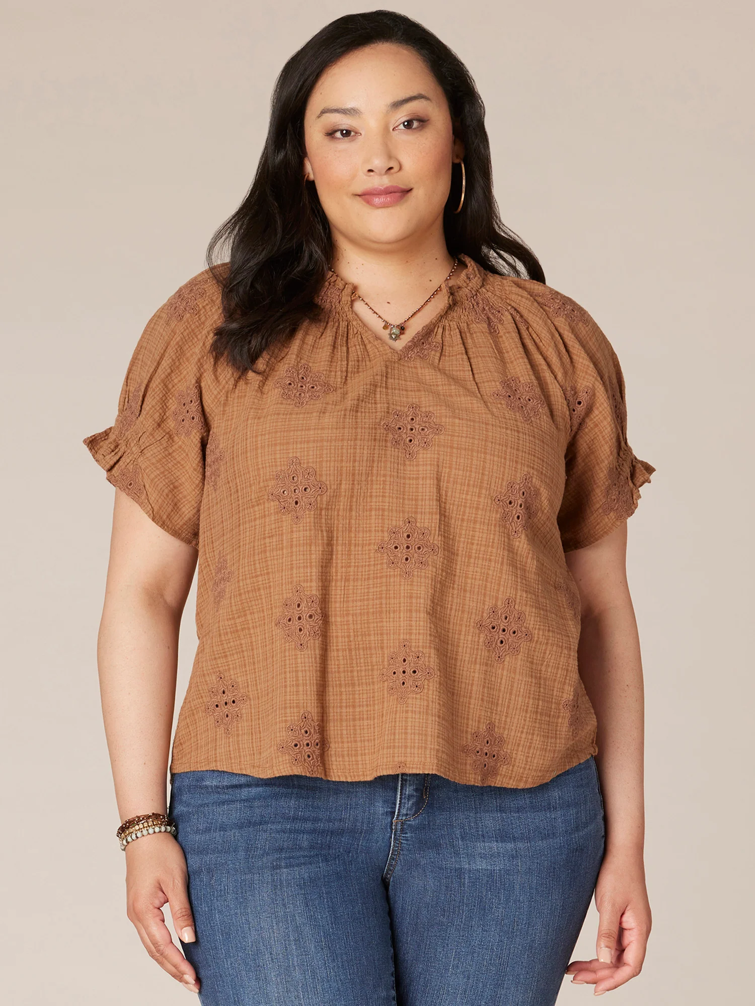 Short Sleeve Round Smock Neck Embroidered Plus Woven Top - Legahigh