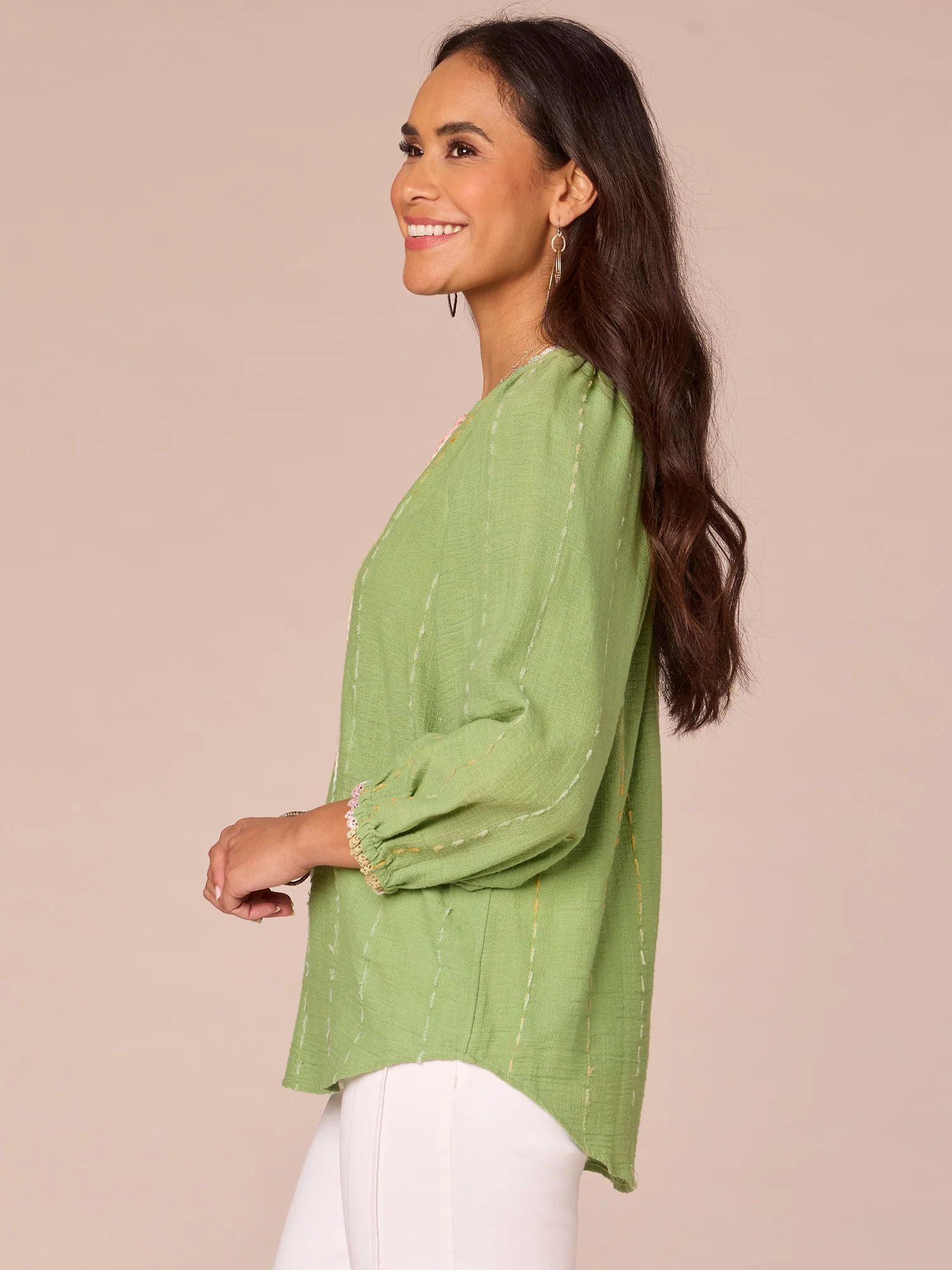 Long Crochet Blouson Sleeve Split V-Neck Braided Tie Front Woven Top - Legahigh