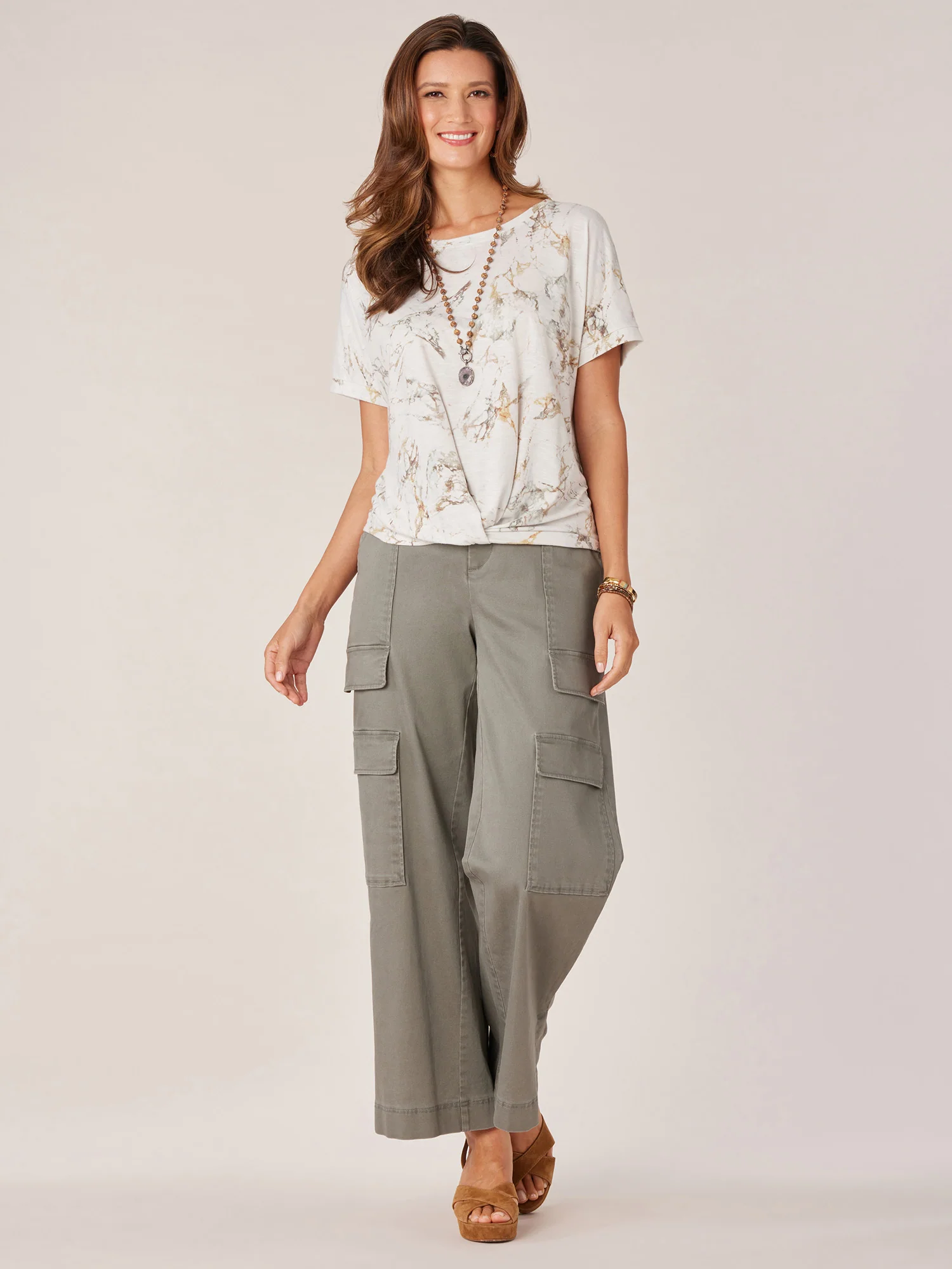 Short Pleated Sleeve Scoop Neck Marble Print Knit Top with Twist Hem - Legahigh