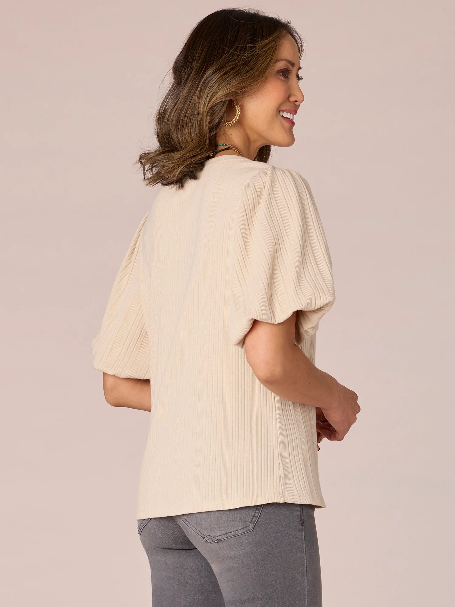 Short Blouson Puff Shoulder Sleeve Scoop Neck Mixed Media Knit Top - Legahigh