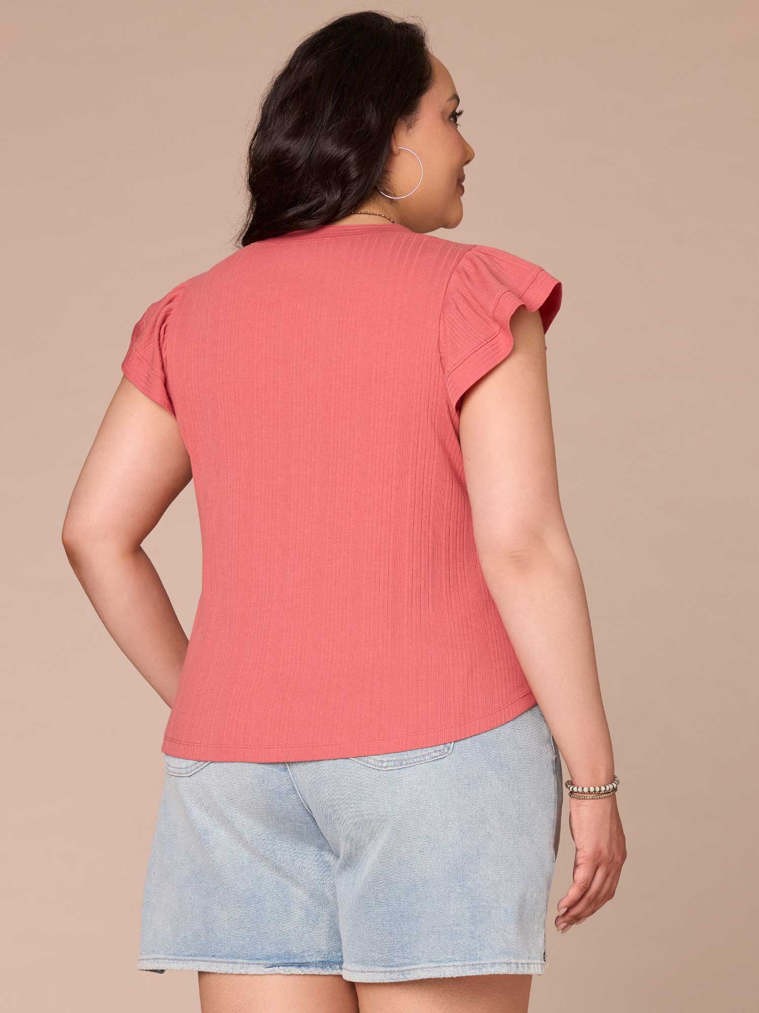 Flutter Cap Sleeve Round Split Neck Mixed Media Plus Size Knit Top - Legahigh