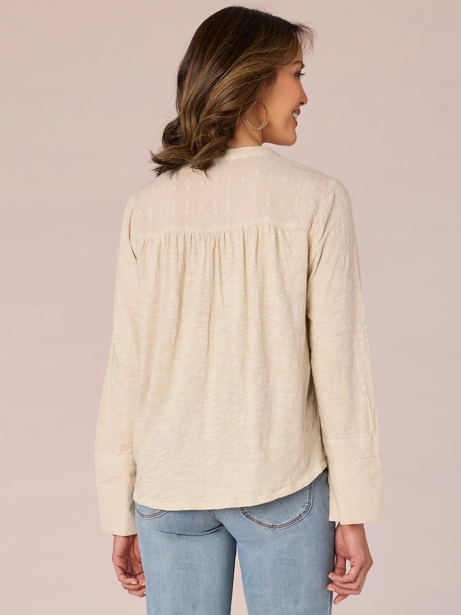 Long Sleeve Split V-Neck Pleat Edge Placket Embroidered Woven Top - Legahigh