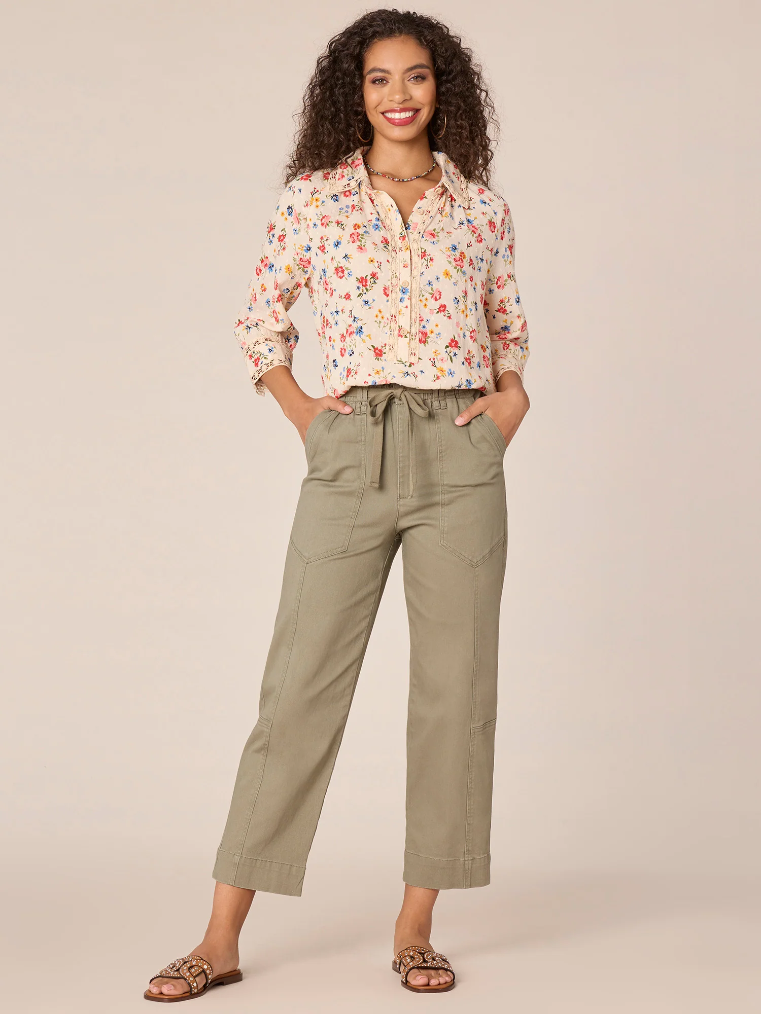 Raglan Sleeve Collared Crochet Button Down Printed Petite Woven Top - Legahigh