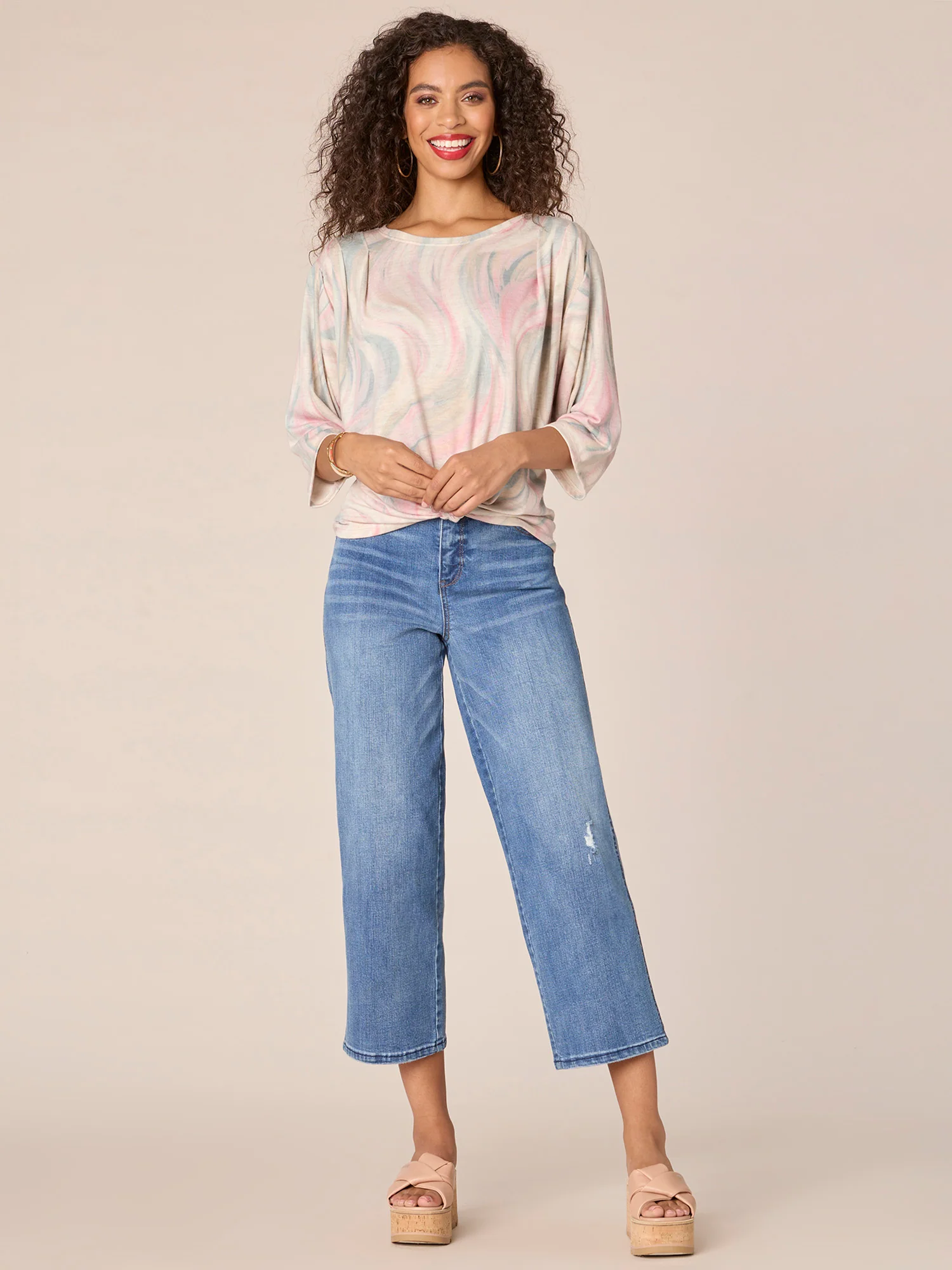 Three Quarter Sleeve Boatneck Knot Hem Abstract Print Knit Top - Legahigh