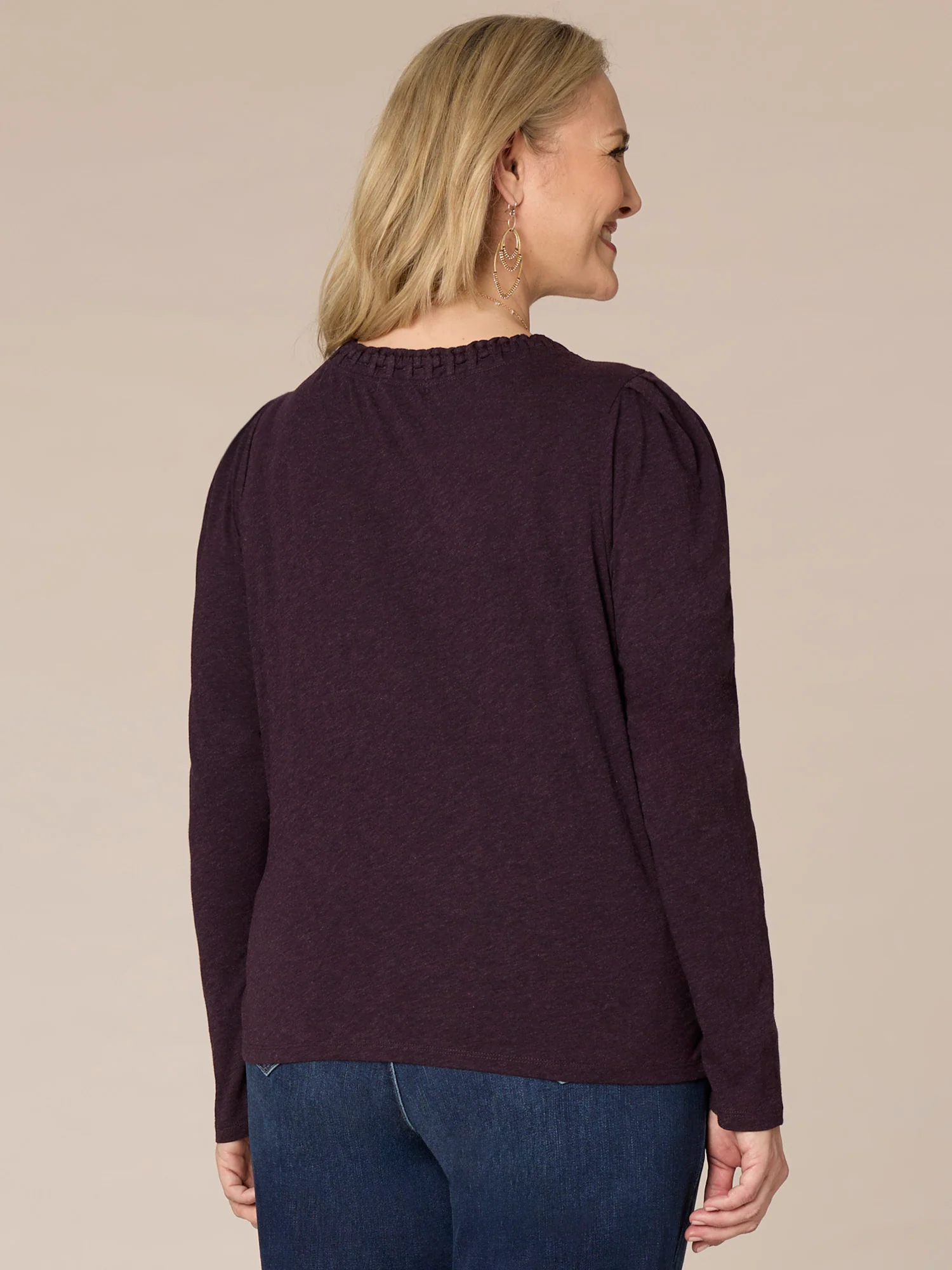 Long Sleeve Ruched Plus Size Knit Top with Soutache Embroidered Neck - Legahigh