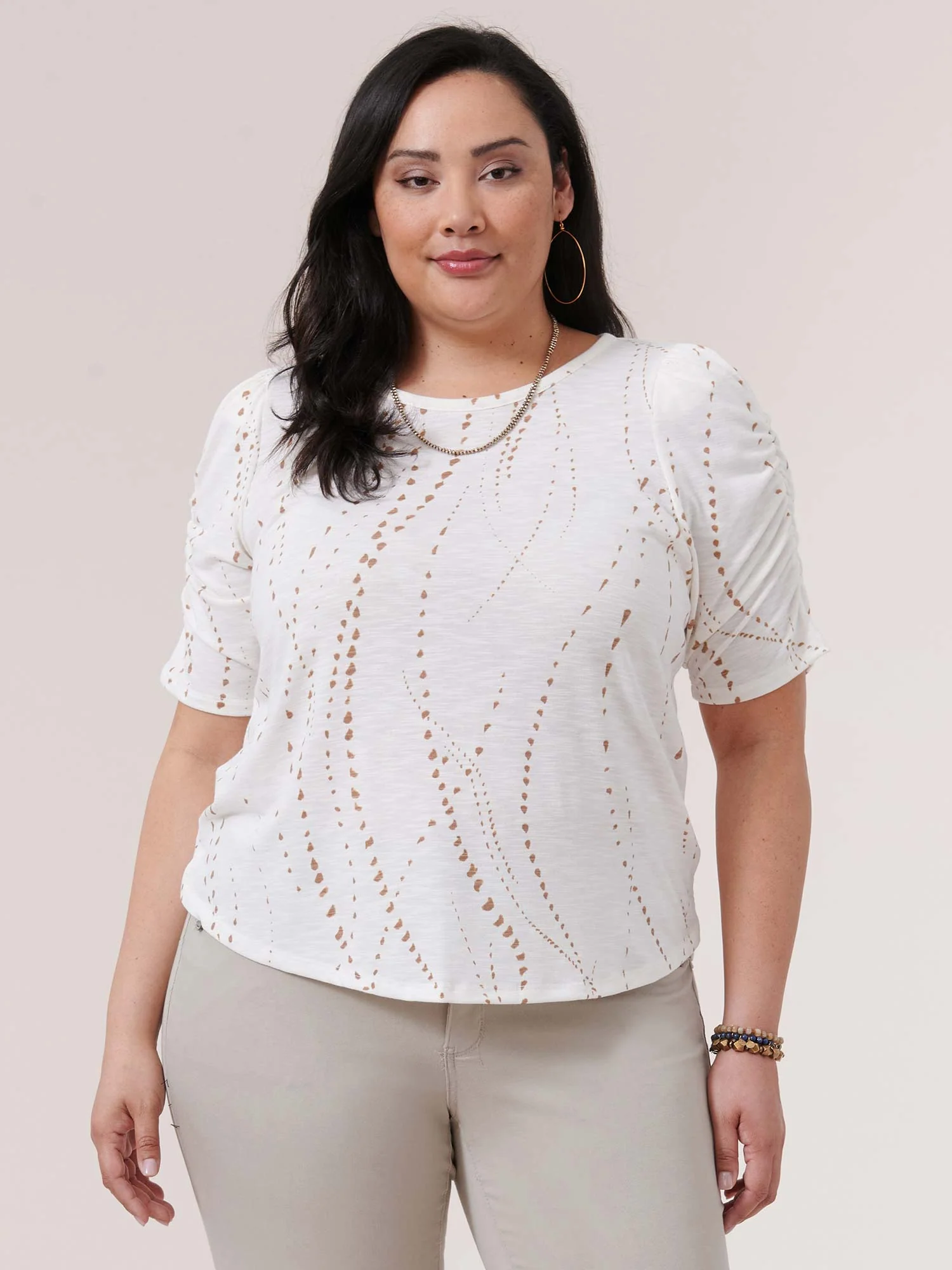 Ruched Elbow Sleeve Scoop Neck Dot Print Plus Knit Top - Legahigh