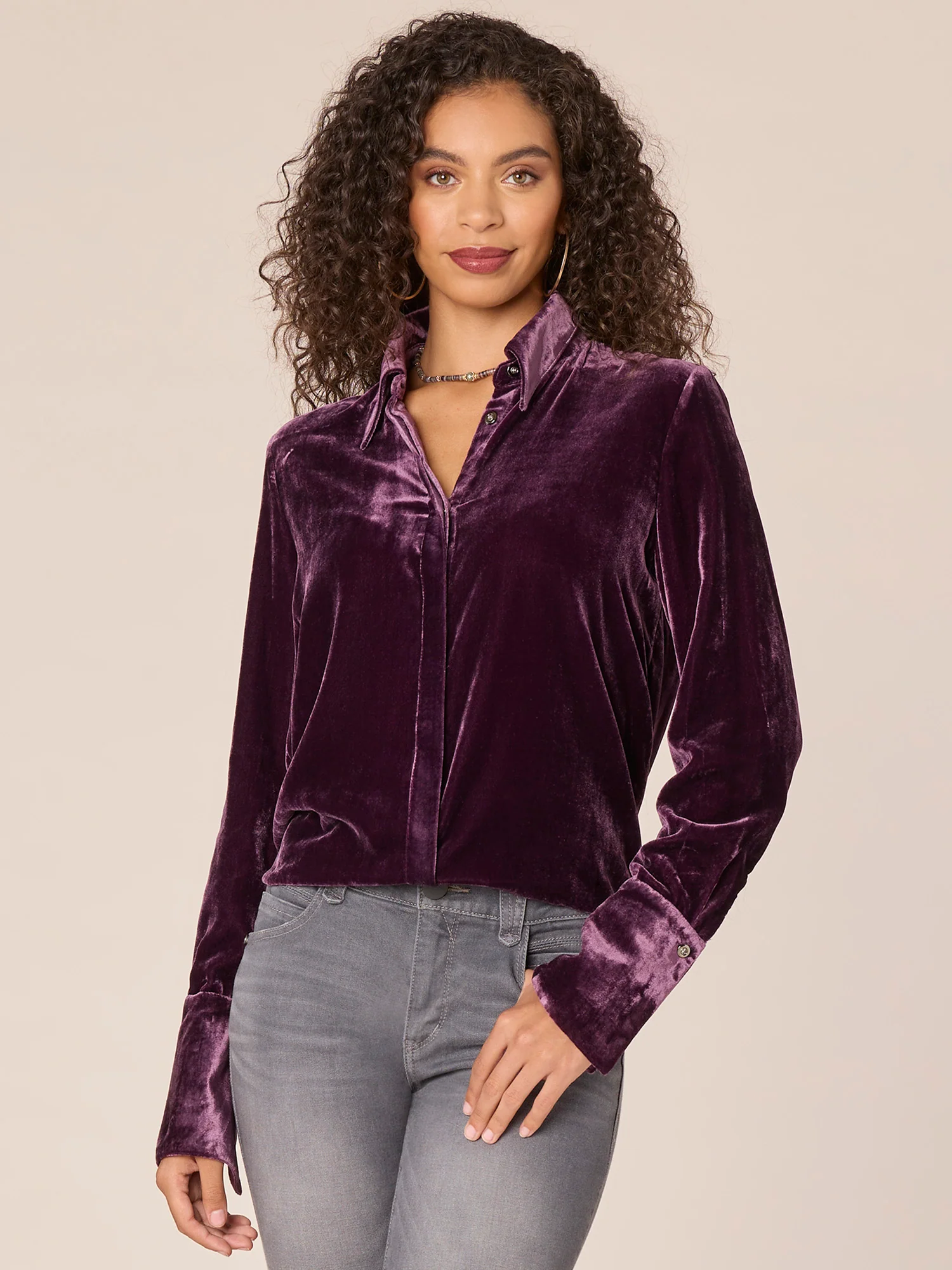 Long French Cuff Sleeve Button Down Velvet Petite Woven Shirt - Legahigh