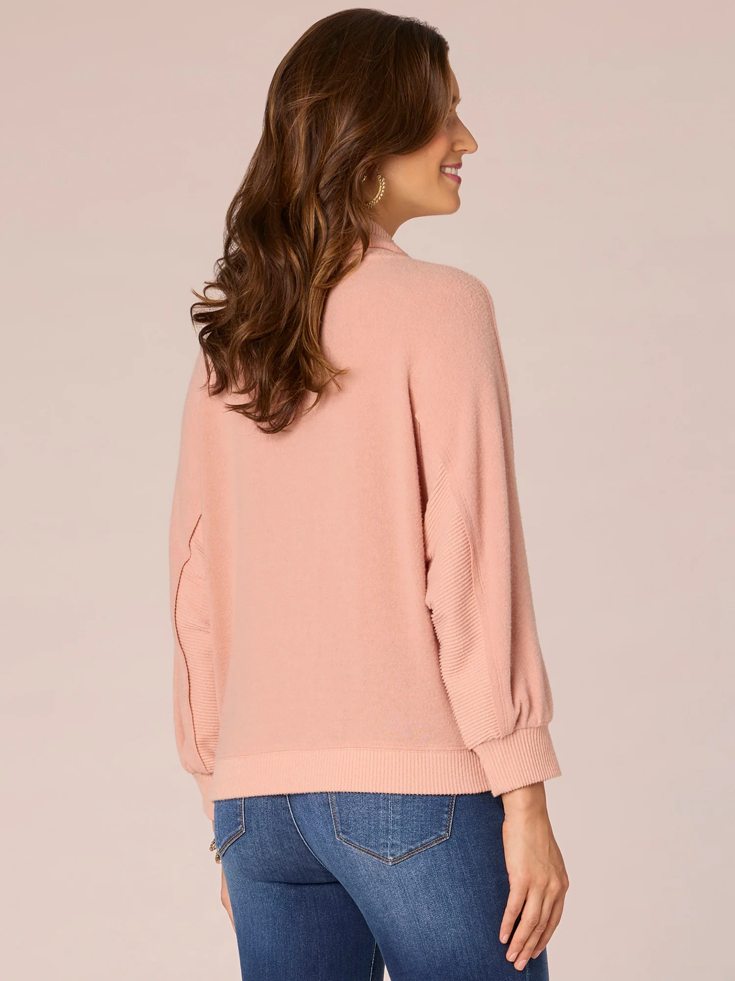 Long Blouson Sleeve Funnel Neck Double Pocket Knit Top with Ties - Legahigh