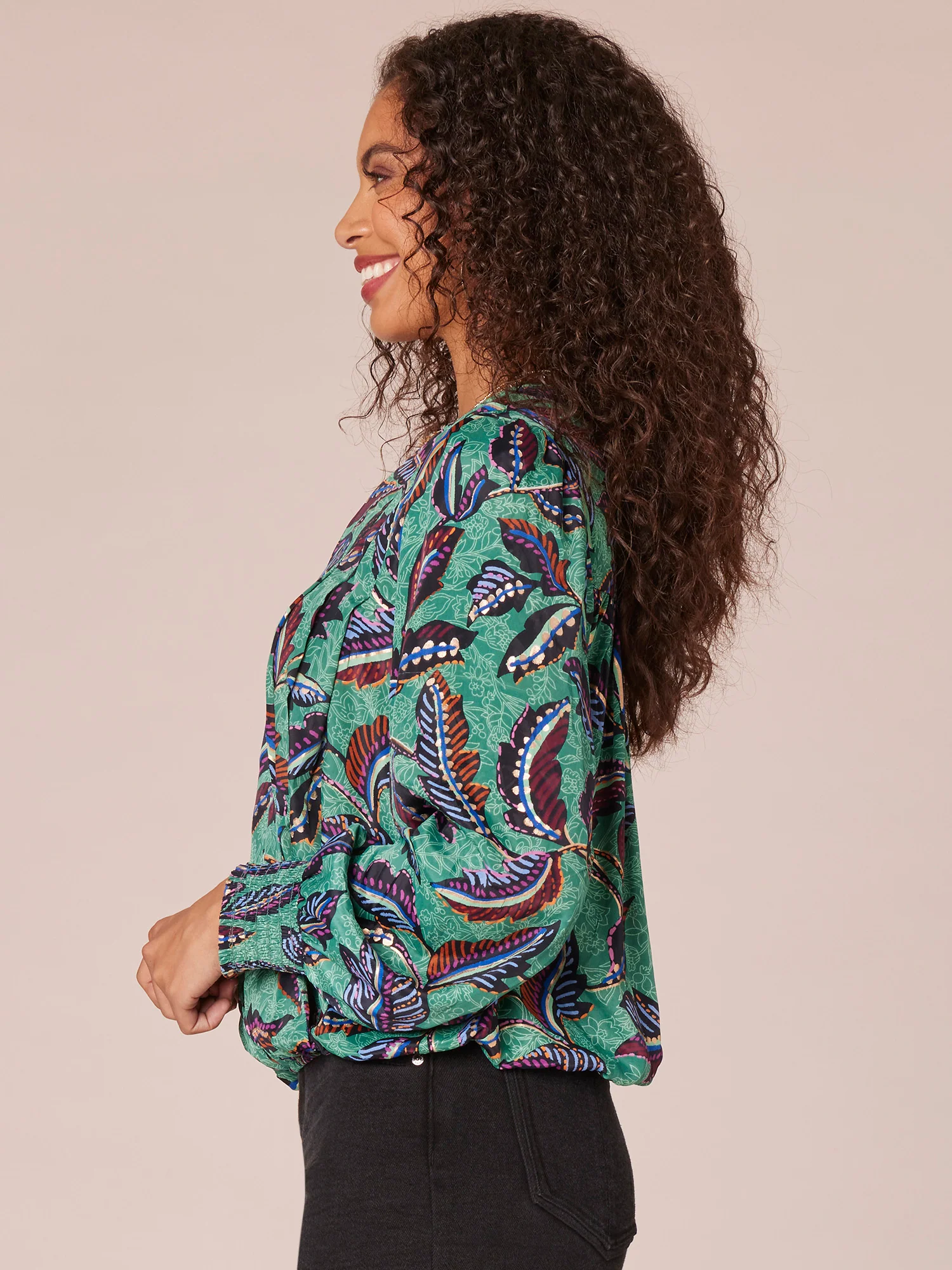 Long Sleeve Overlap Front V-Neck Printed Petite Woven Top - Legahigh