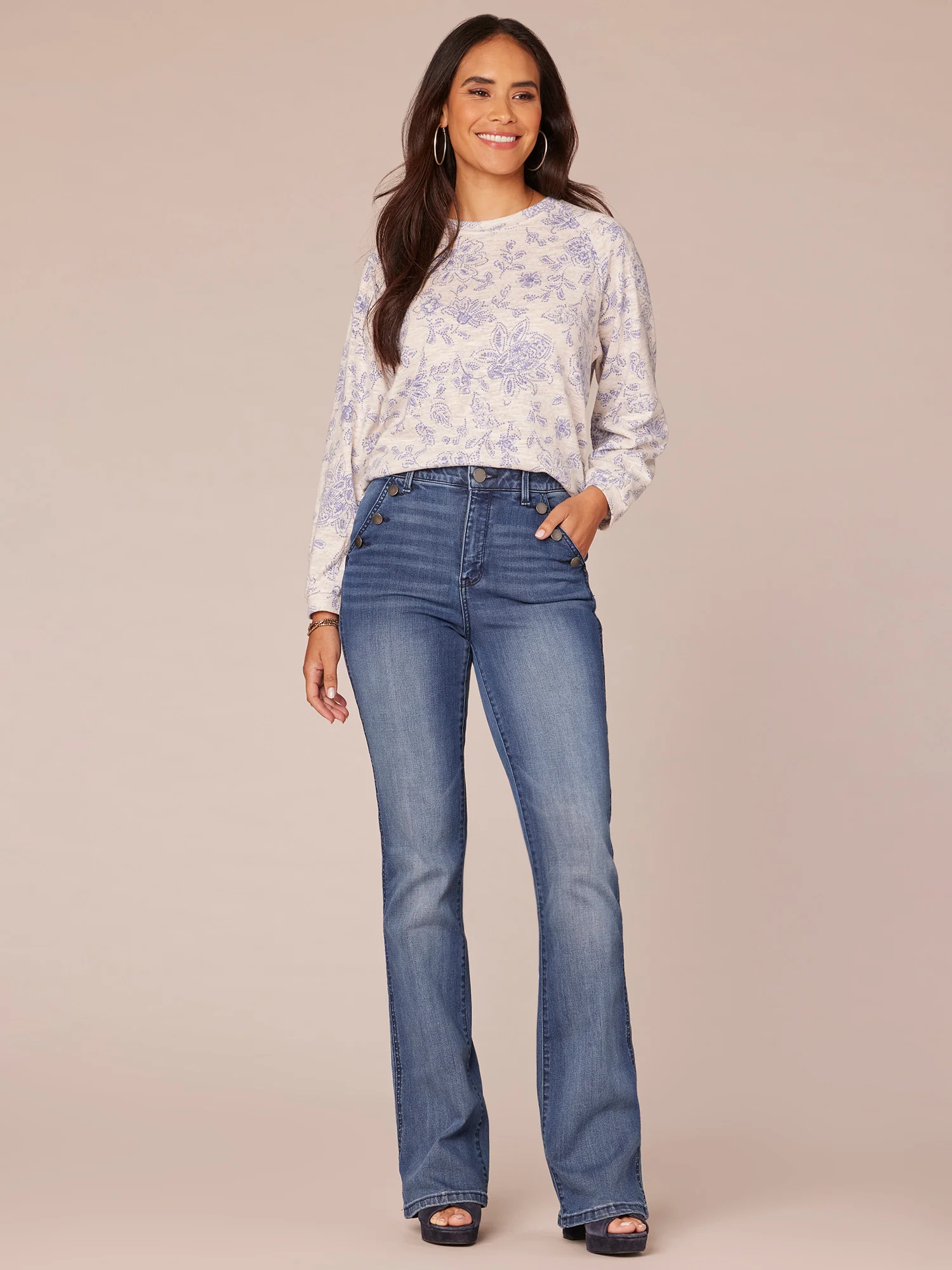 Long Raglan Sleeve Scoop Neck Floral Print Knit Top - Legahigh