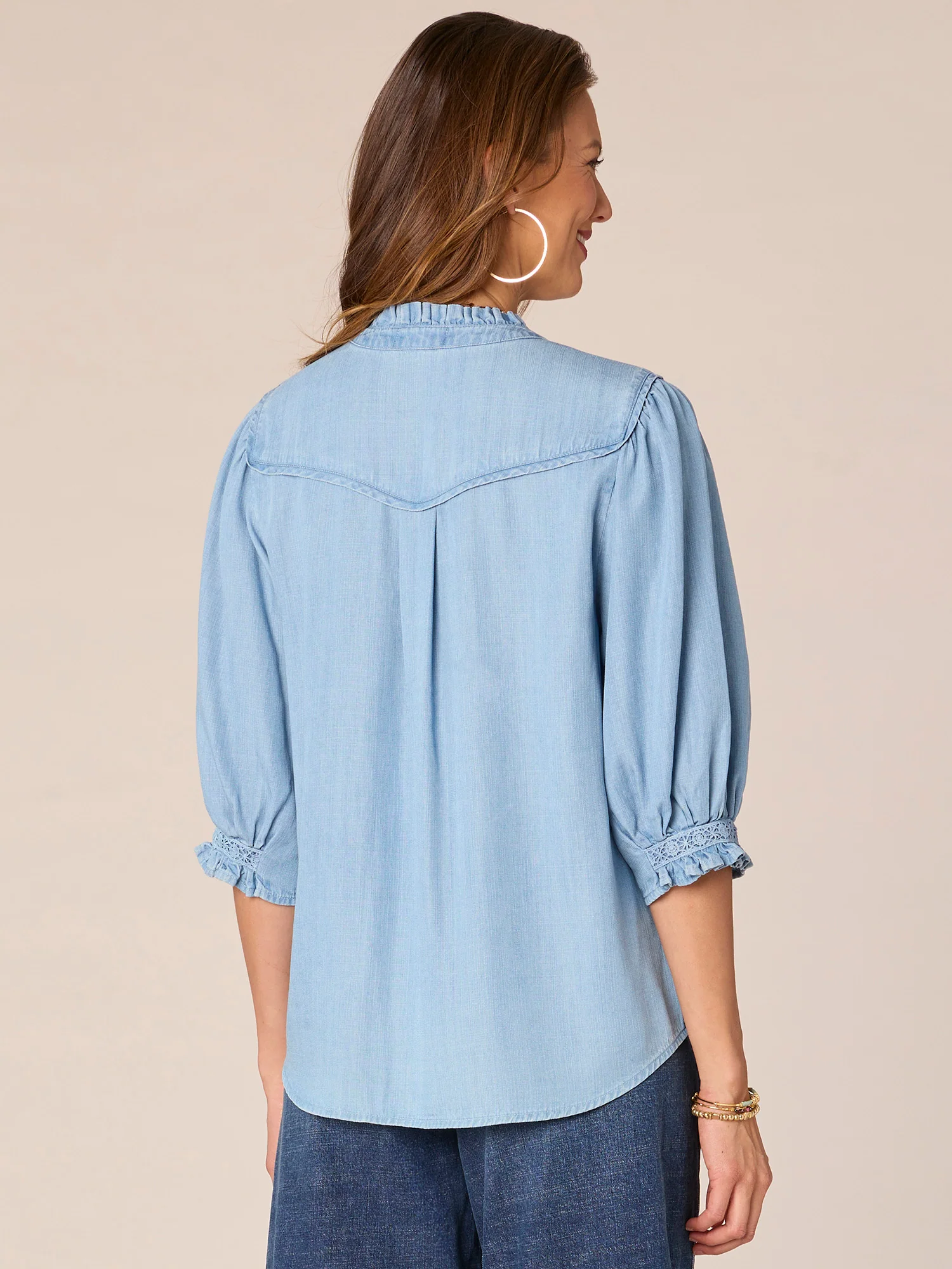 Below Elbow Sleeve Collar Neck Crochet Button Down Petite Woven Top - Legahigh