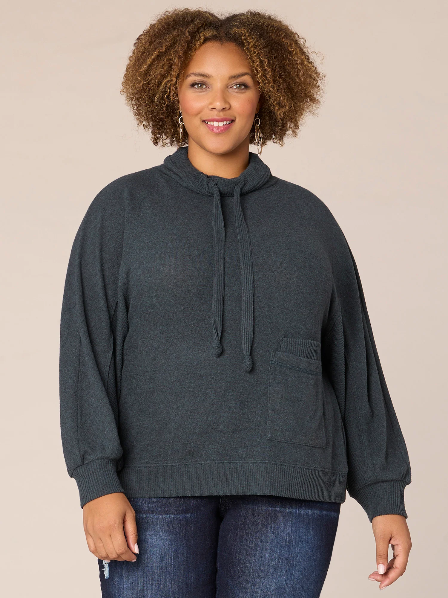 Blouson Sleeve Funnel Neck Double Pocket Plus Size Knit Top - Legahigh