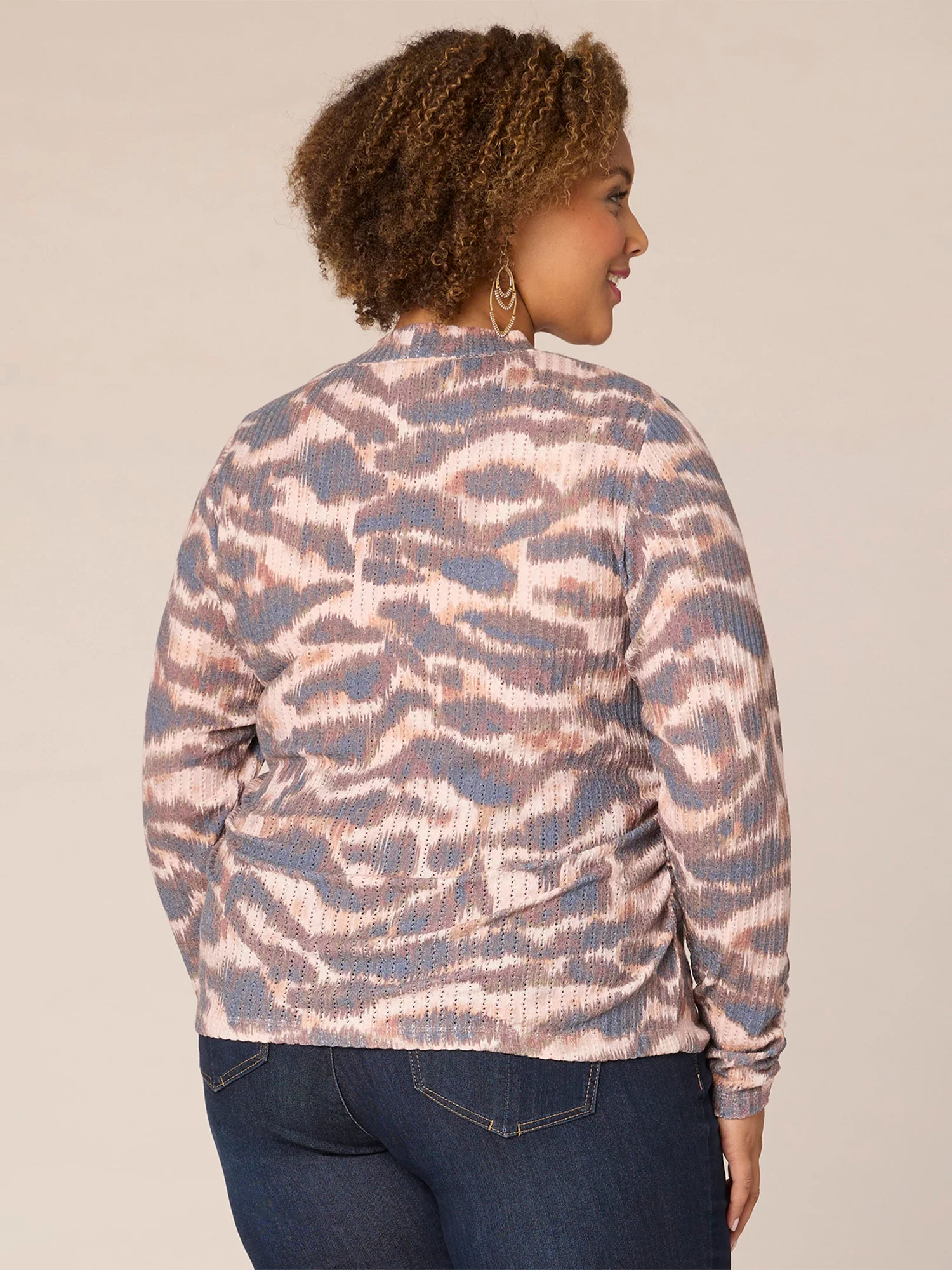 Long Sleeve Crew Neck Ruched Abstract Print Plus Size Knit Top - Legahigh