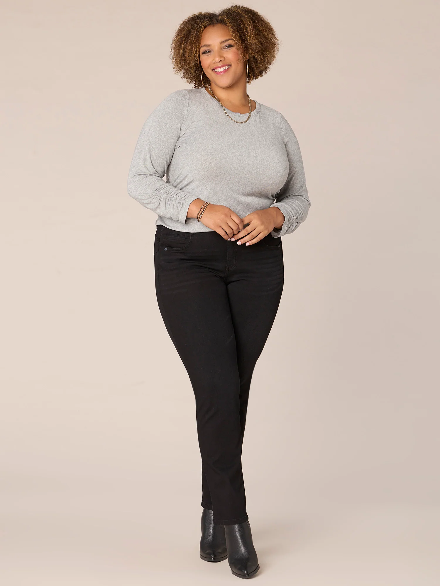 Three Quarter Ruched Sleeve Scoop Neck Plus Size Knit Top - Legahigh