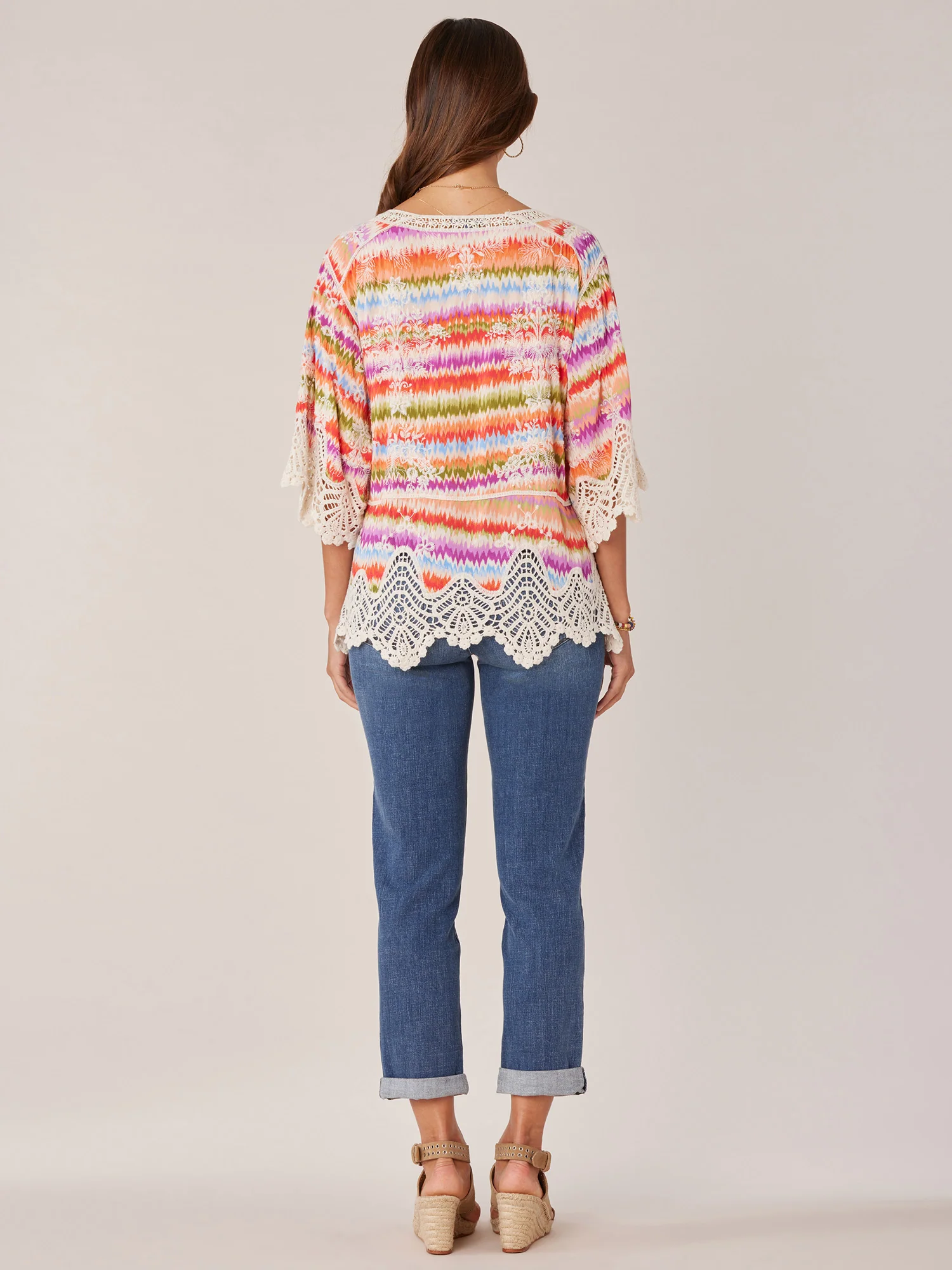 Three Quarter Sleeve V-Notch Neck Peplum Crochet Printed Woven Top - Legahigh