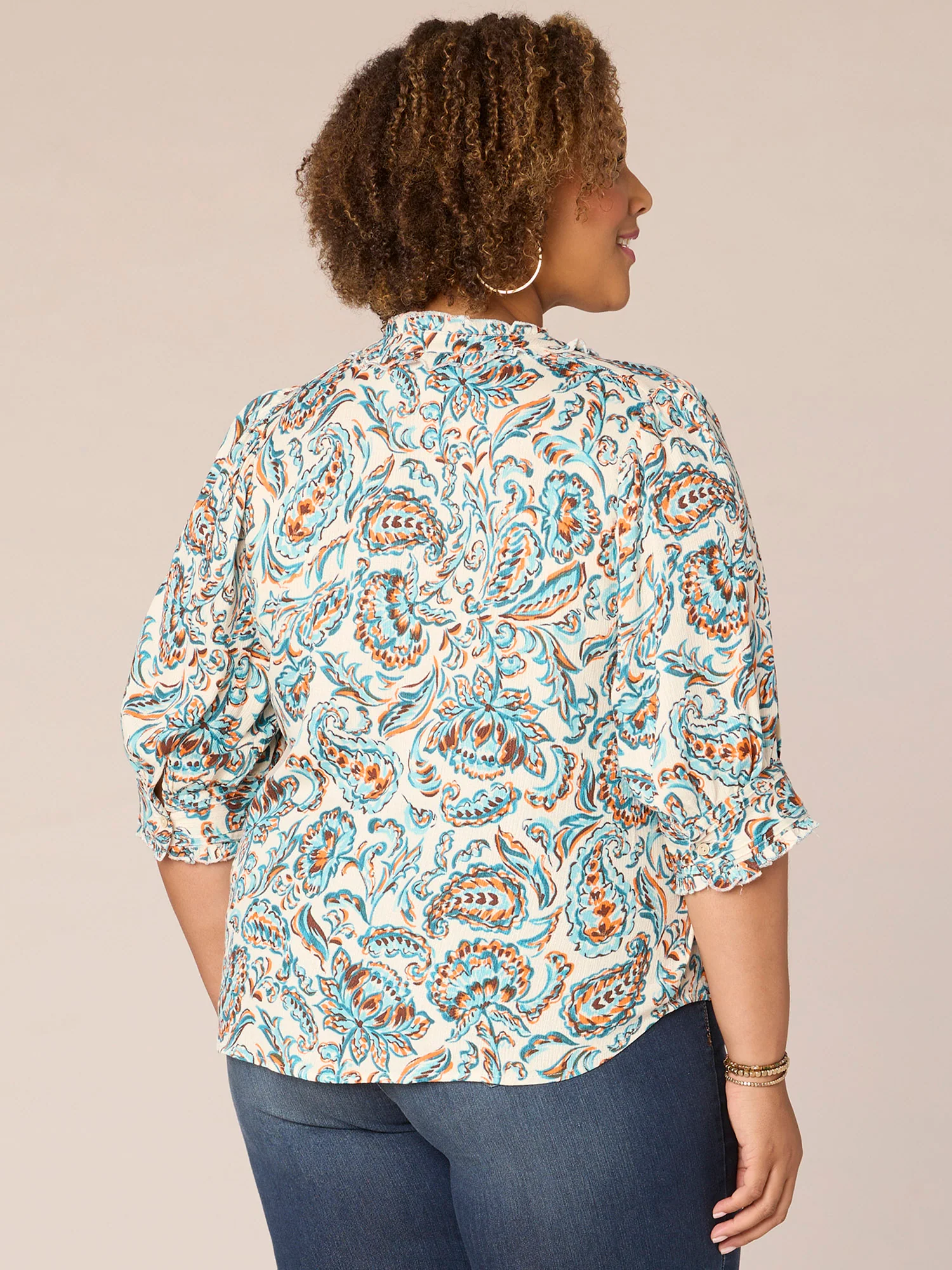 Banded Elbow Sleeve Stand Collar Button Front Plus Size Woven Shirt - Legahigh