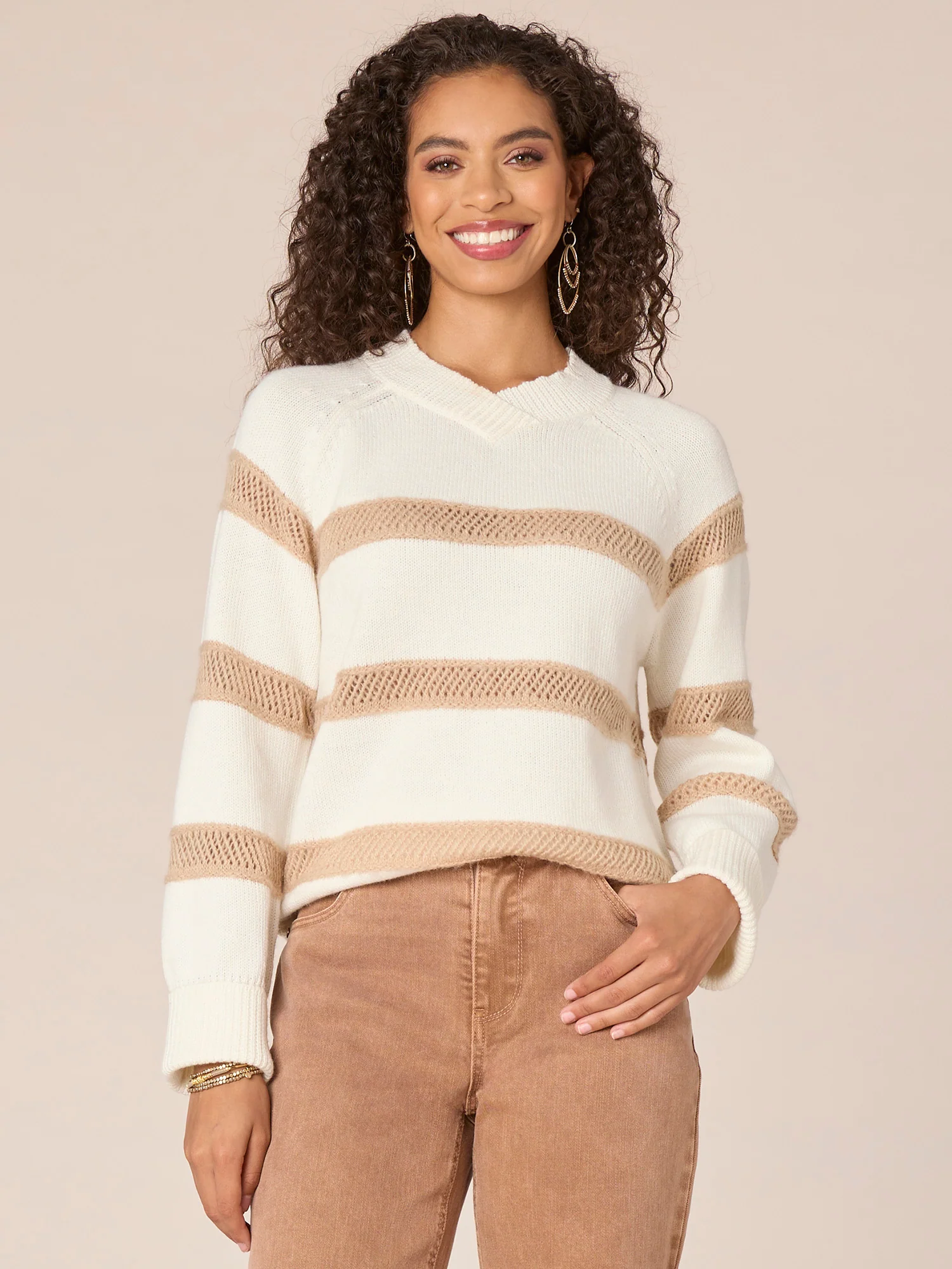 Long Raglan Sleeve High Overlap V-Neck Novelty Stitch Strope Sweater - Legahigh