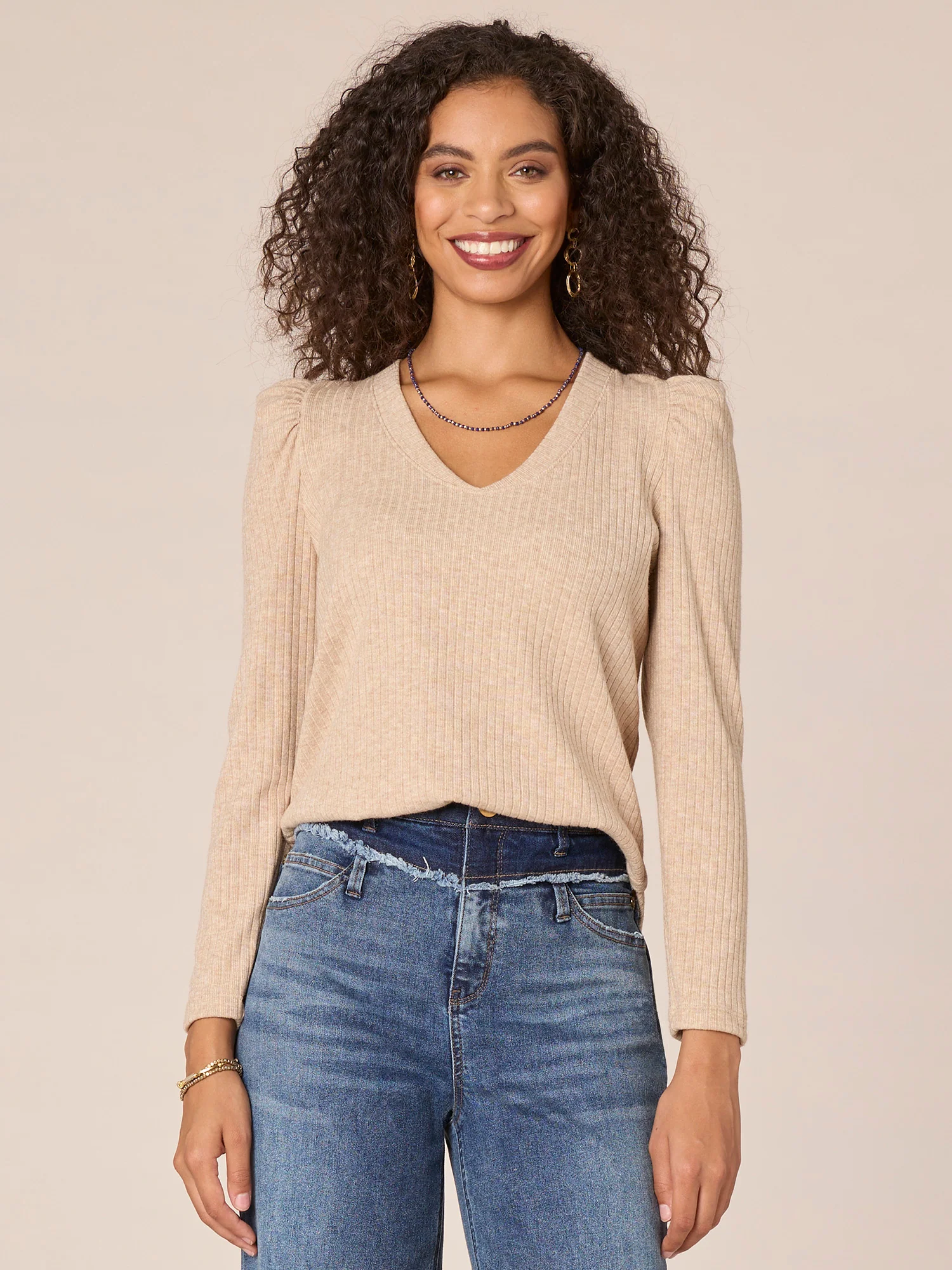 Long Puff Shoulder Sleeve V-Neck Surplus Shirttail Hem Knit Top - Legahigh