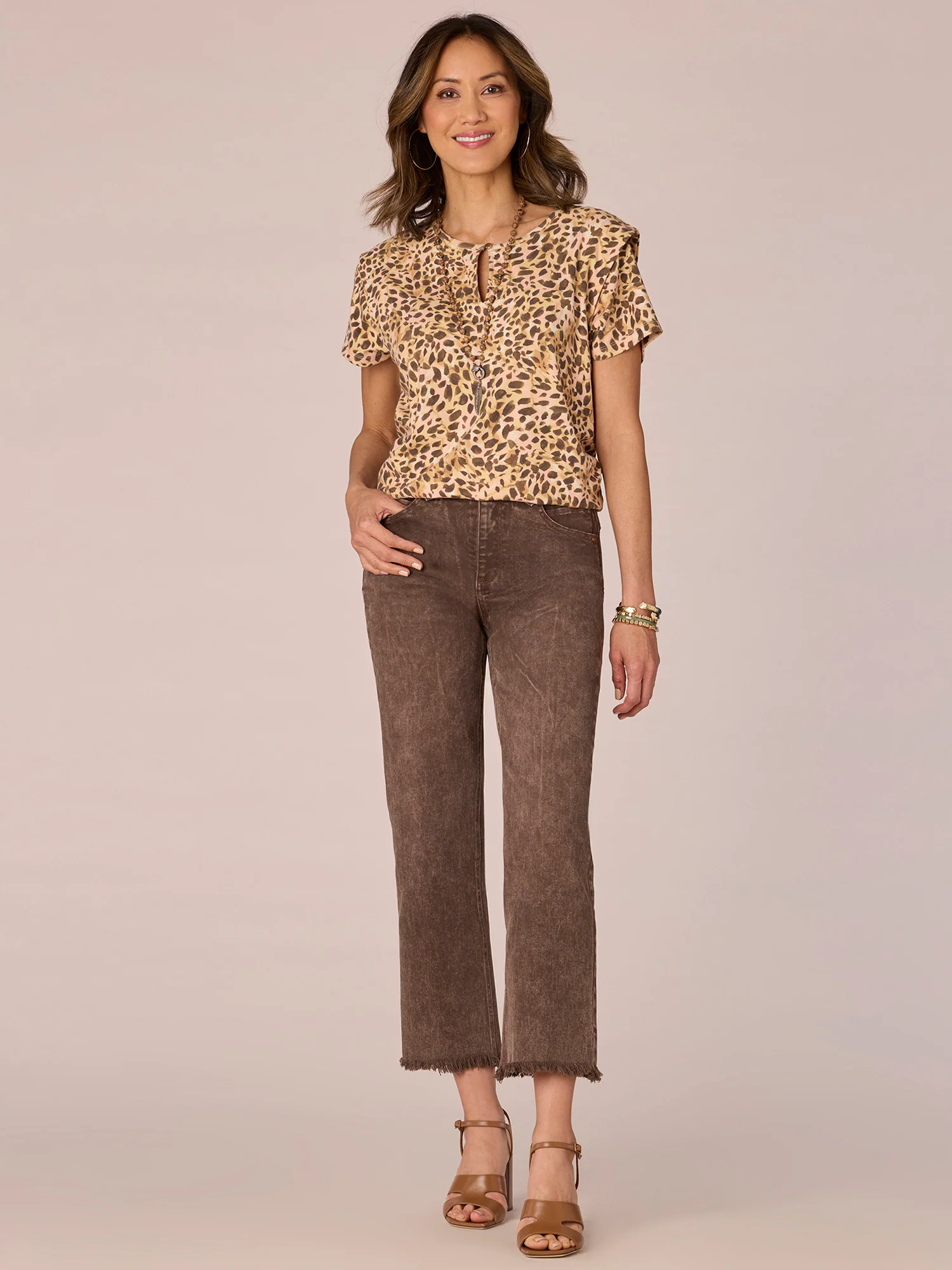 Short Flange Sleeve Scoop Keyhole Neck Abstract Print Knit Top - Legahigh