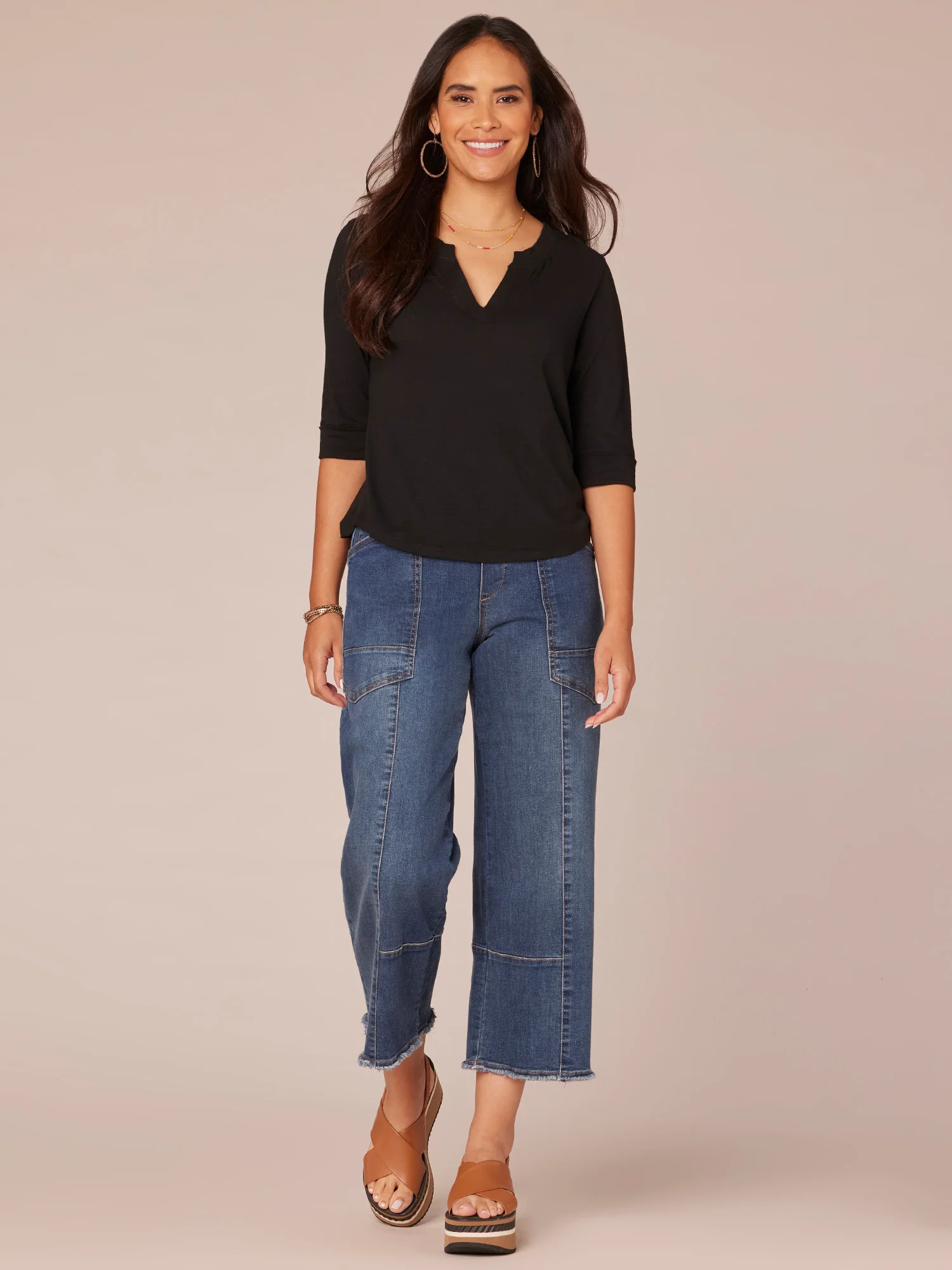 Elbow Roll Cuff Sleeve Split V-Neck Surplus Hem Knit Top - Legahigh