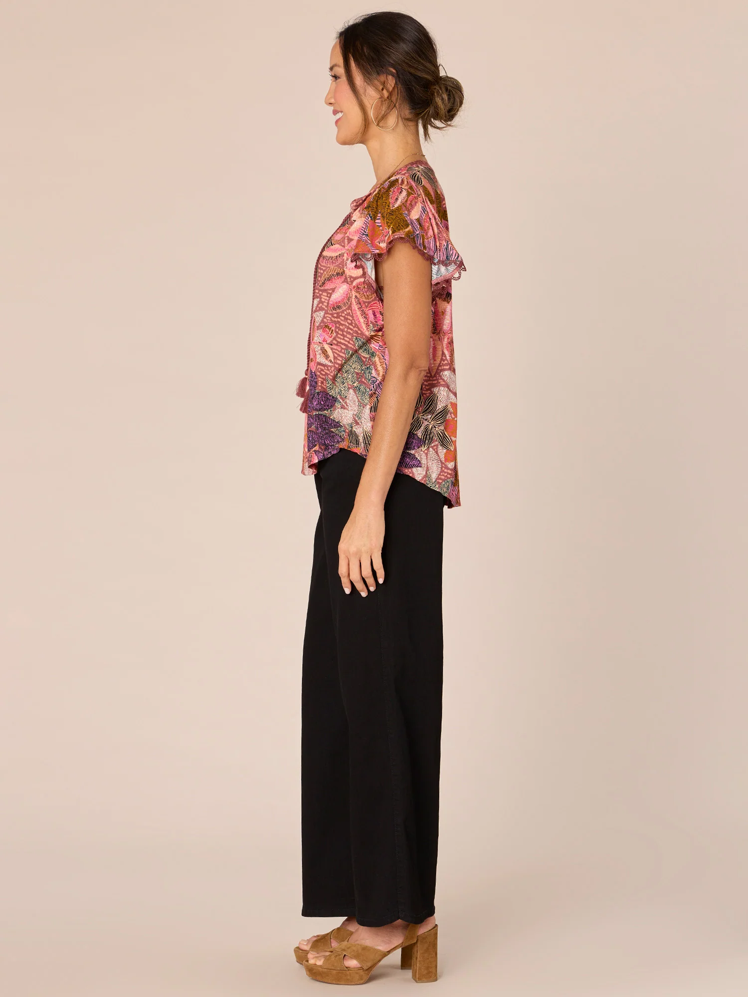 Short Flutter Sleeve Half Placket Print Knit Top - Legahigh