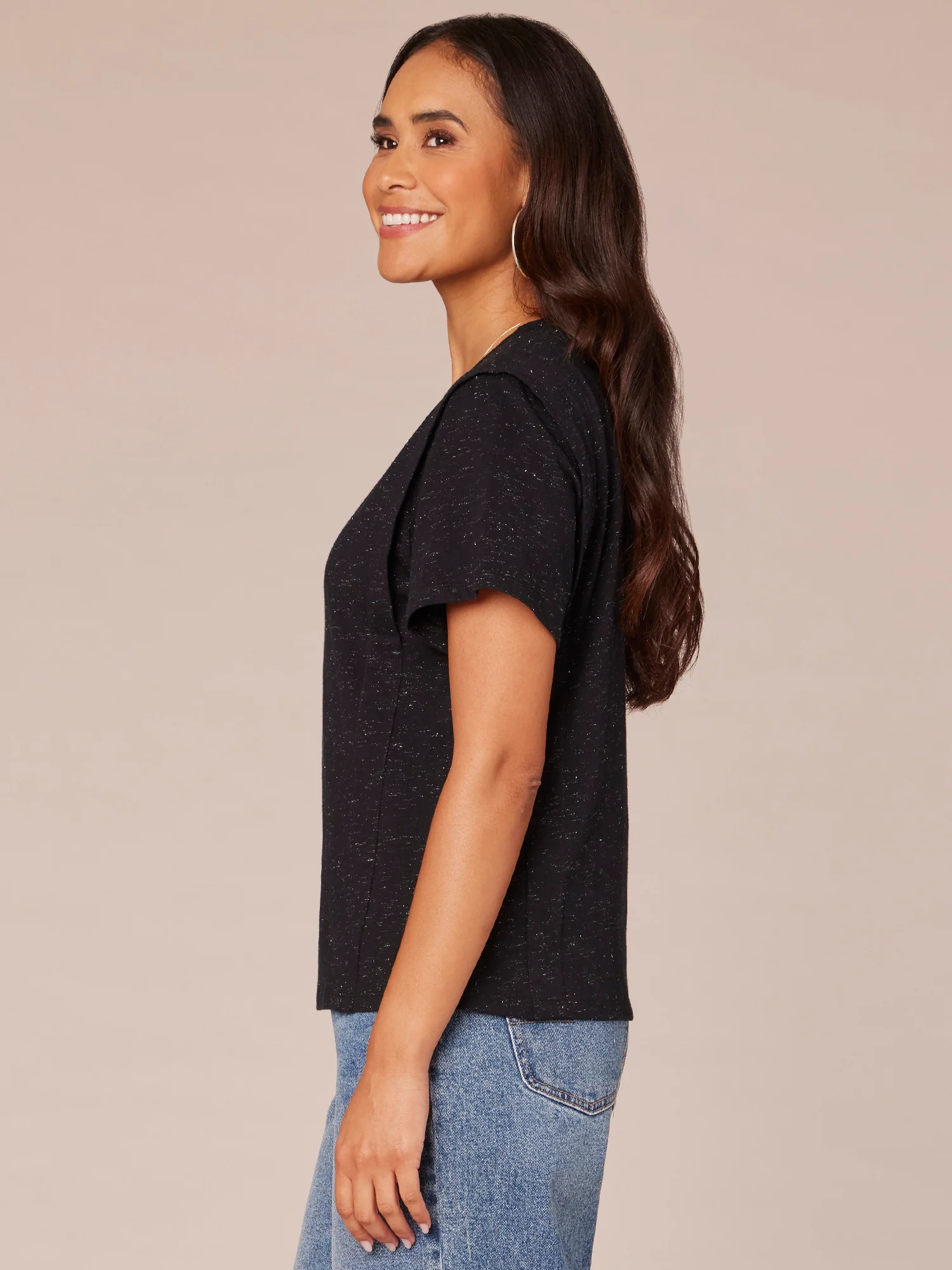 Short Flange Shoulder Sleeve Scoop Neck Shimmery Knit Top - Legahigh