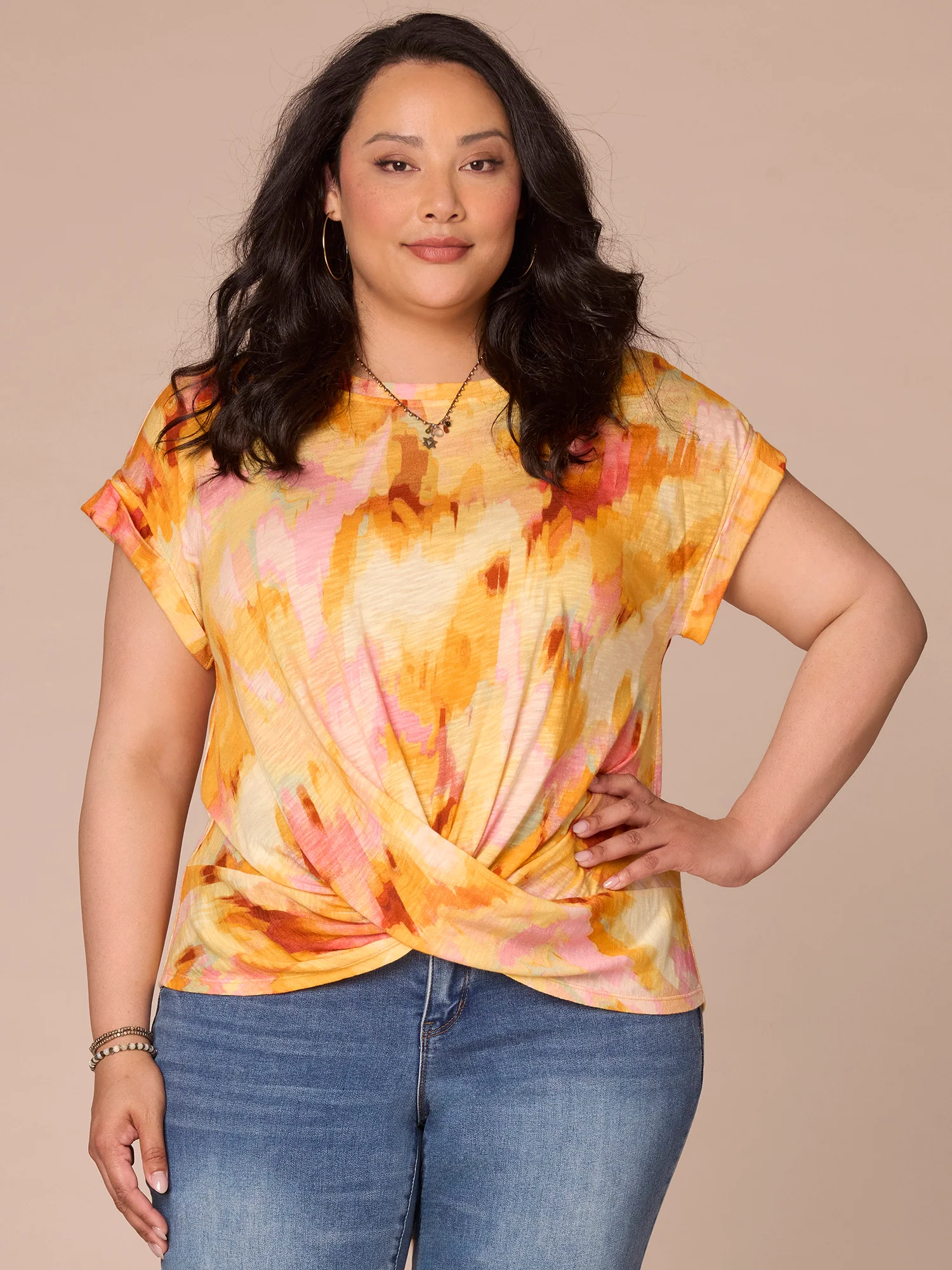 Roll Cuff Sleeve Scoop Neck Twist Hem Tie-Dye Plus Size Knit Top - Legahigh