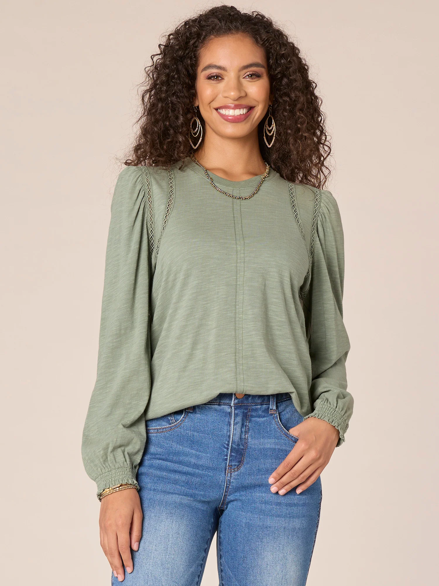 Long Puff Ruffle Sleeve Crew Neck Ladder Crochet Knit Top - Legahigh