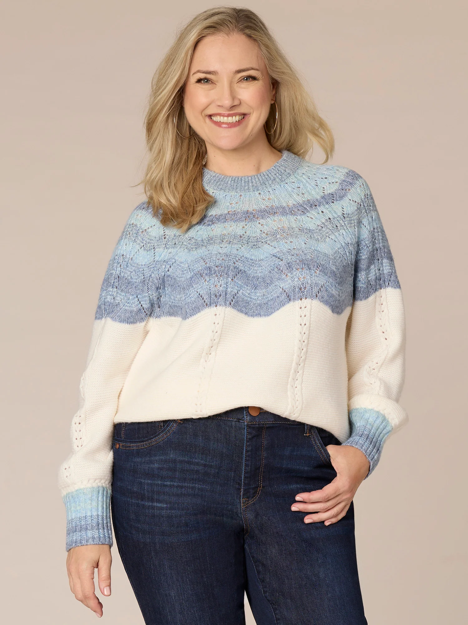 Blouson Sleeve Round Neck Ombre Placement Stitch Plus Size Sweater - Legahigh