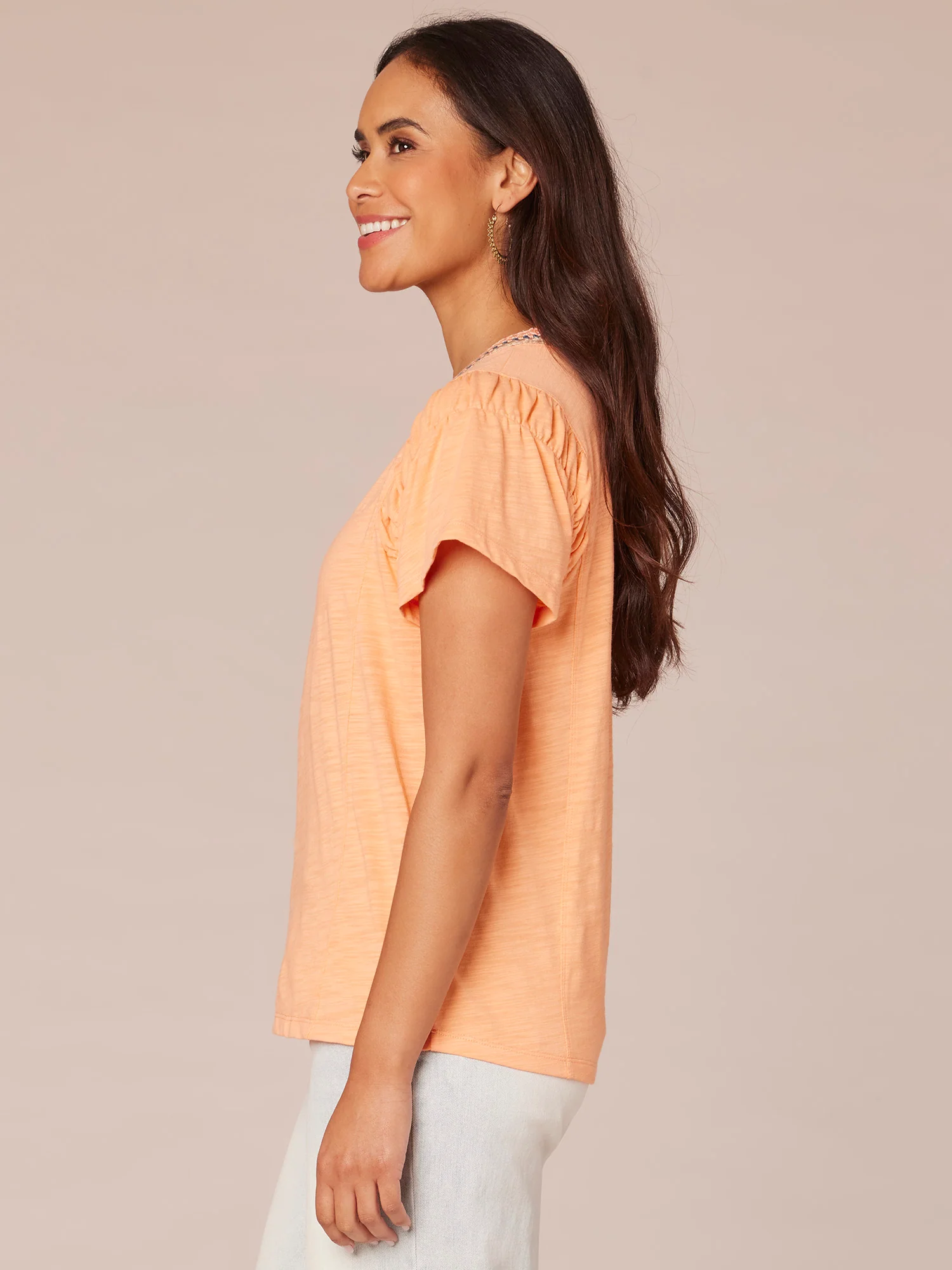 Short Flutter Sleeve Scoop Crochet Neck Knit Top with Ruched Armholes - Legahigh