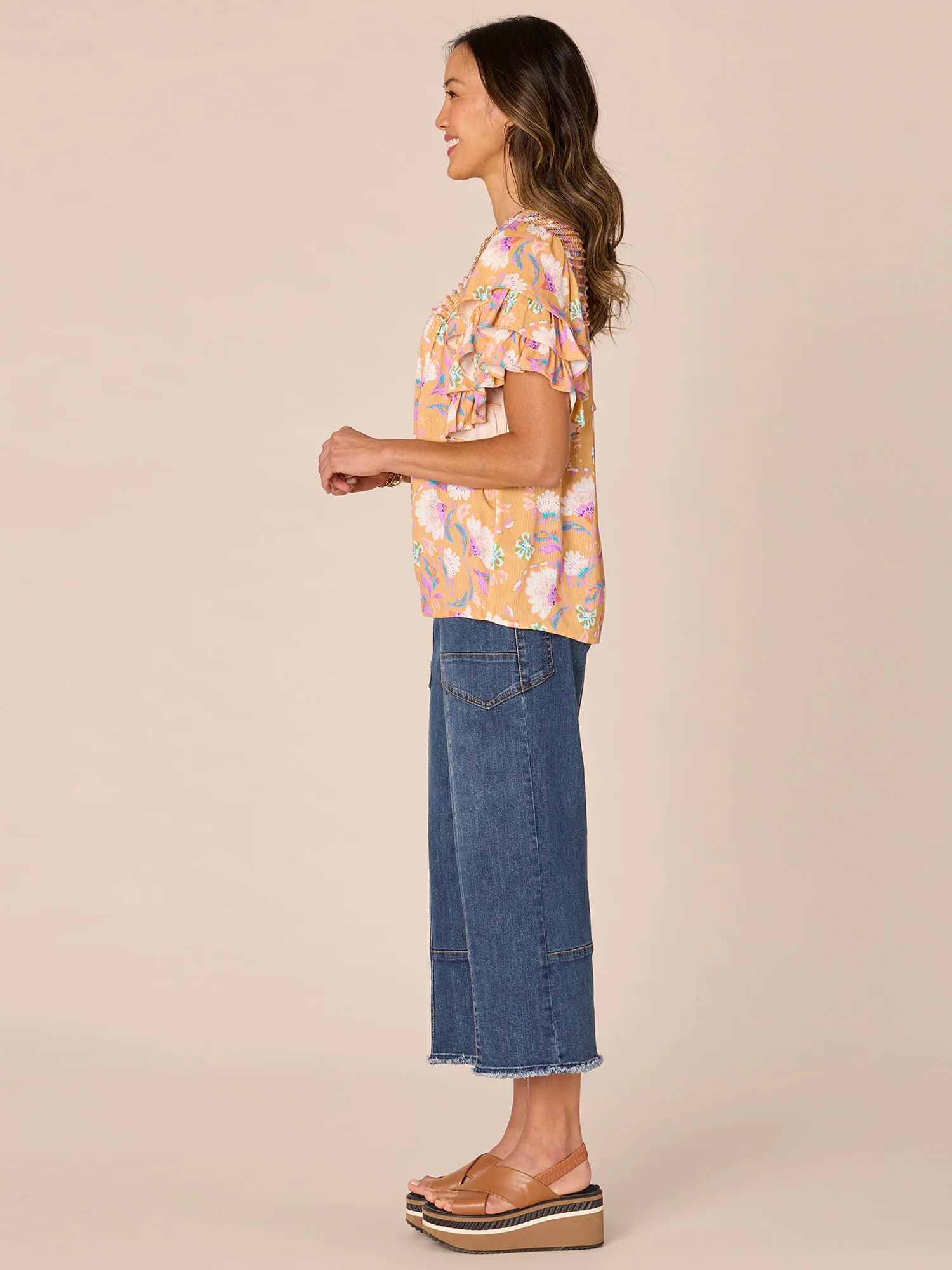 Short Triple Ruffle Sleeve Round Neck Smock Yoke Printed Woven Top - Legahigh