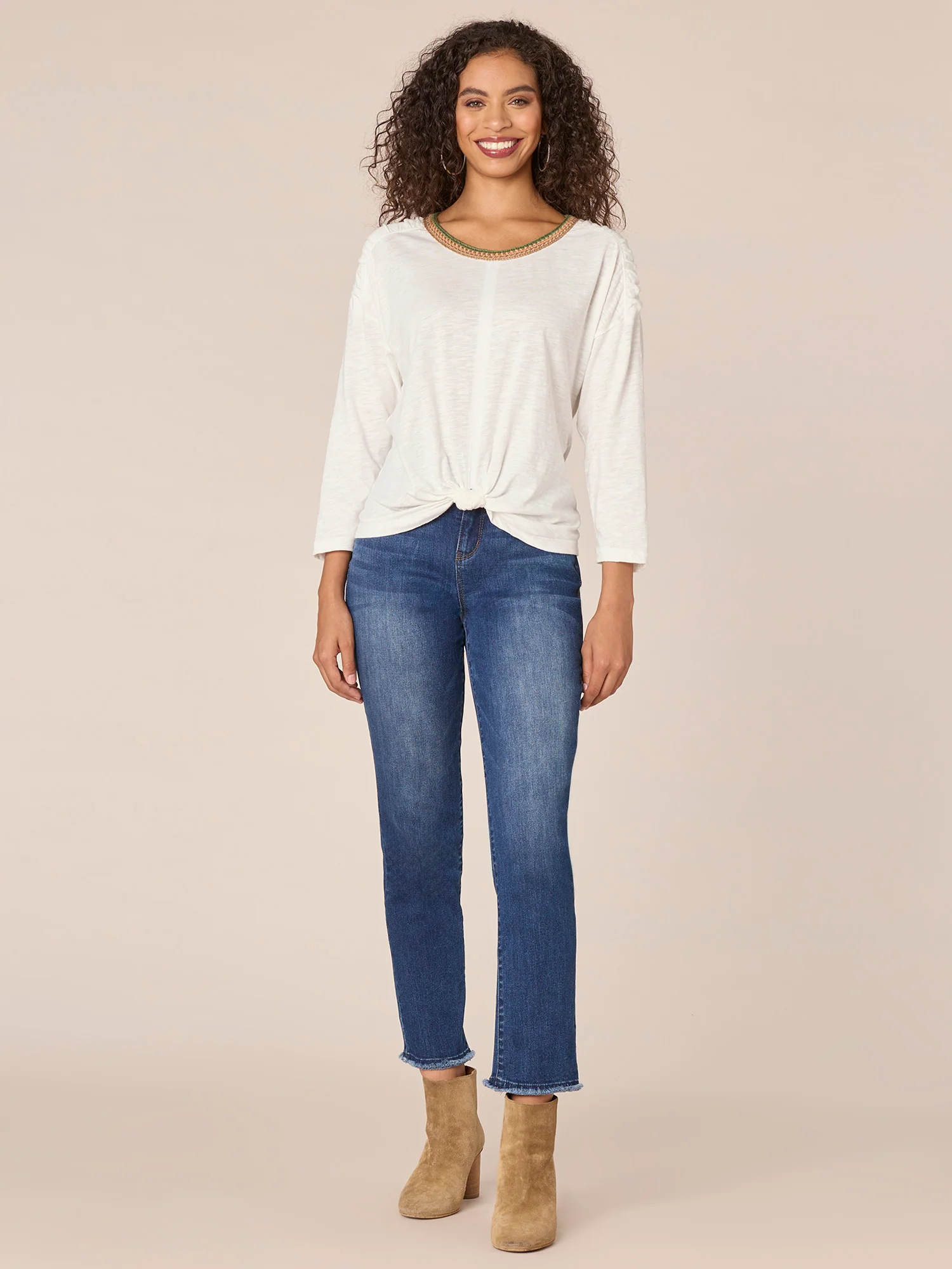 Three Quarter Sleeve Crochet Scoop Neck Knot Hem Ringer Knit Top - Legahigh