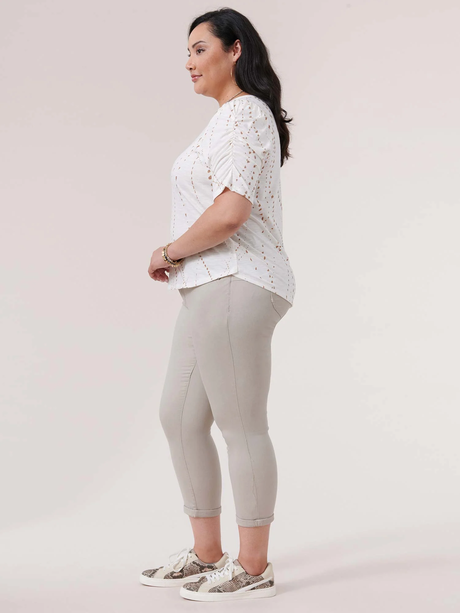 Ruched Elbow Sleeve Scoop Neck Dot Print Plus Knit Top - Legahigh