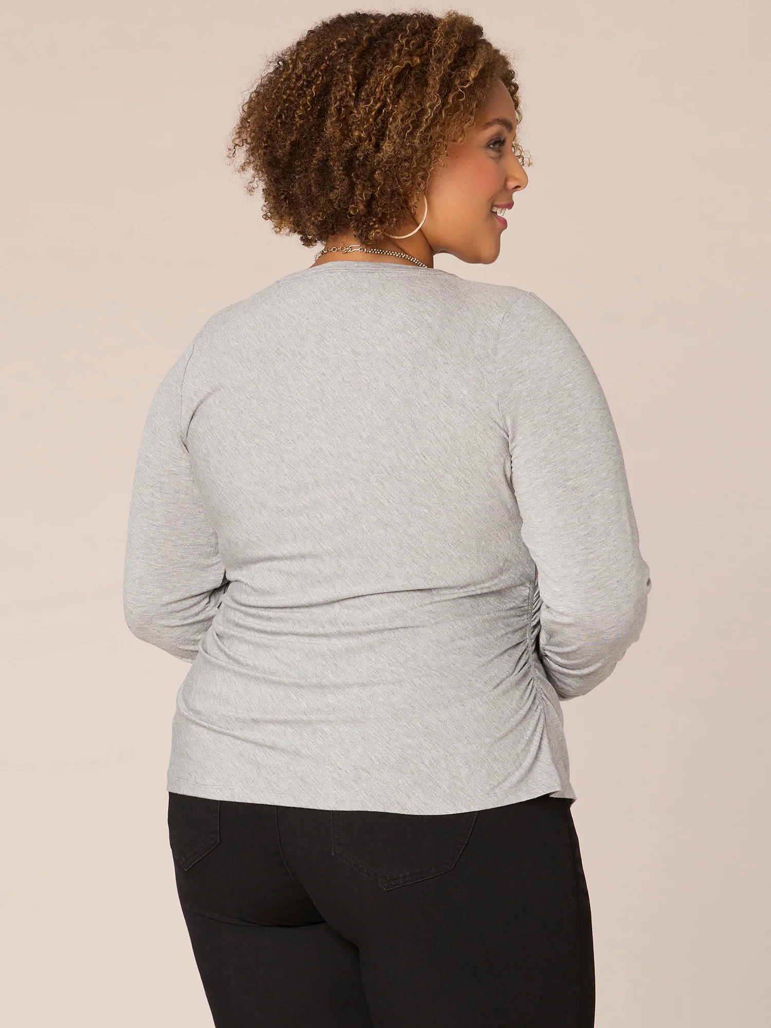 Three Quarter Ruched Sleeve Scoop Neck Plus Size Knit Top - Legahigh