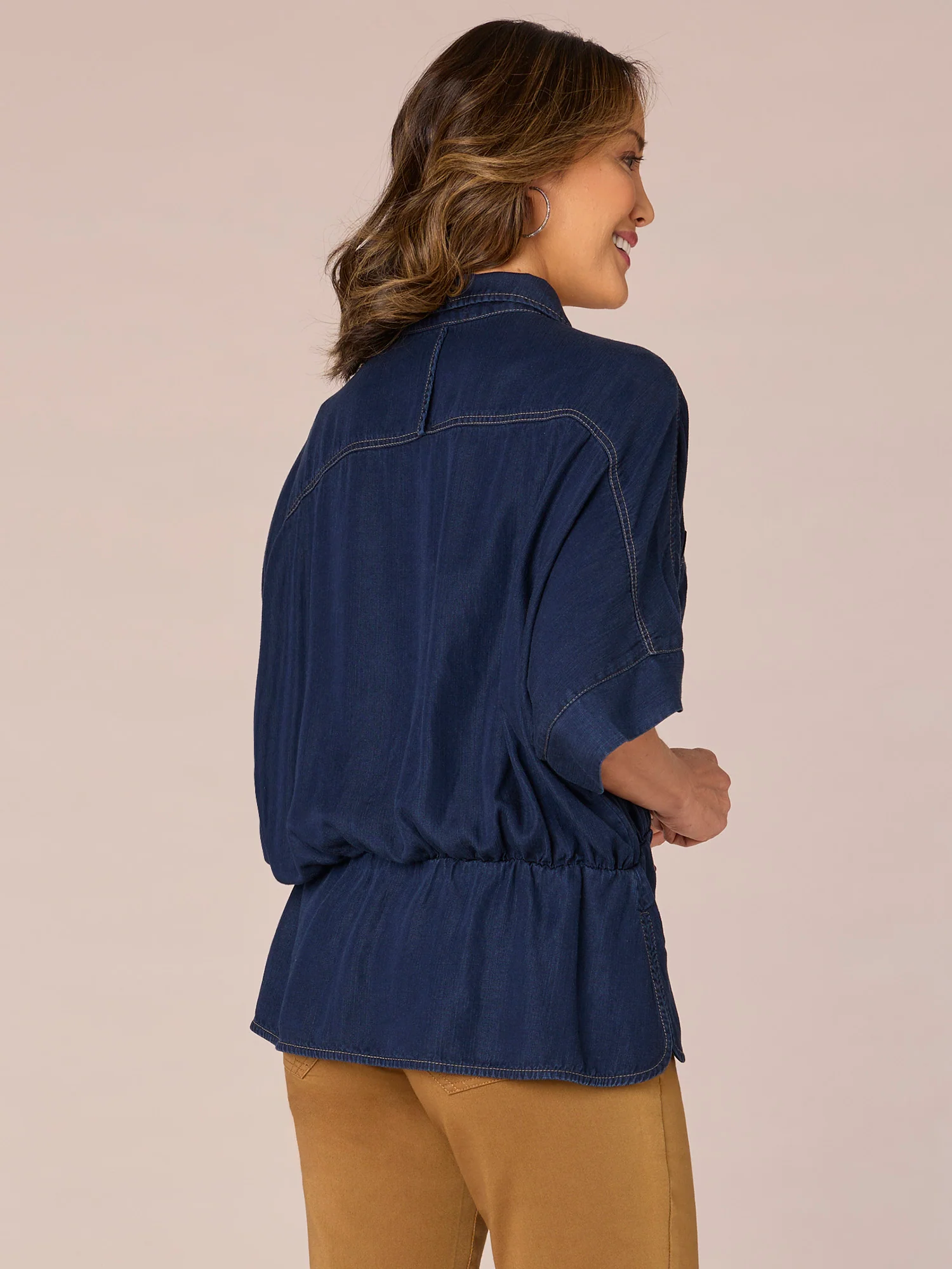 Below Elbow Sleeve Button Down Patch Pocket Peplum Woven Shirt - Legahigh