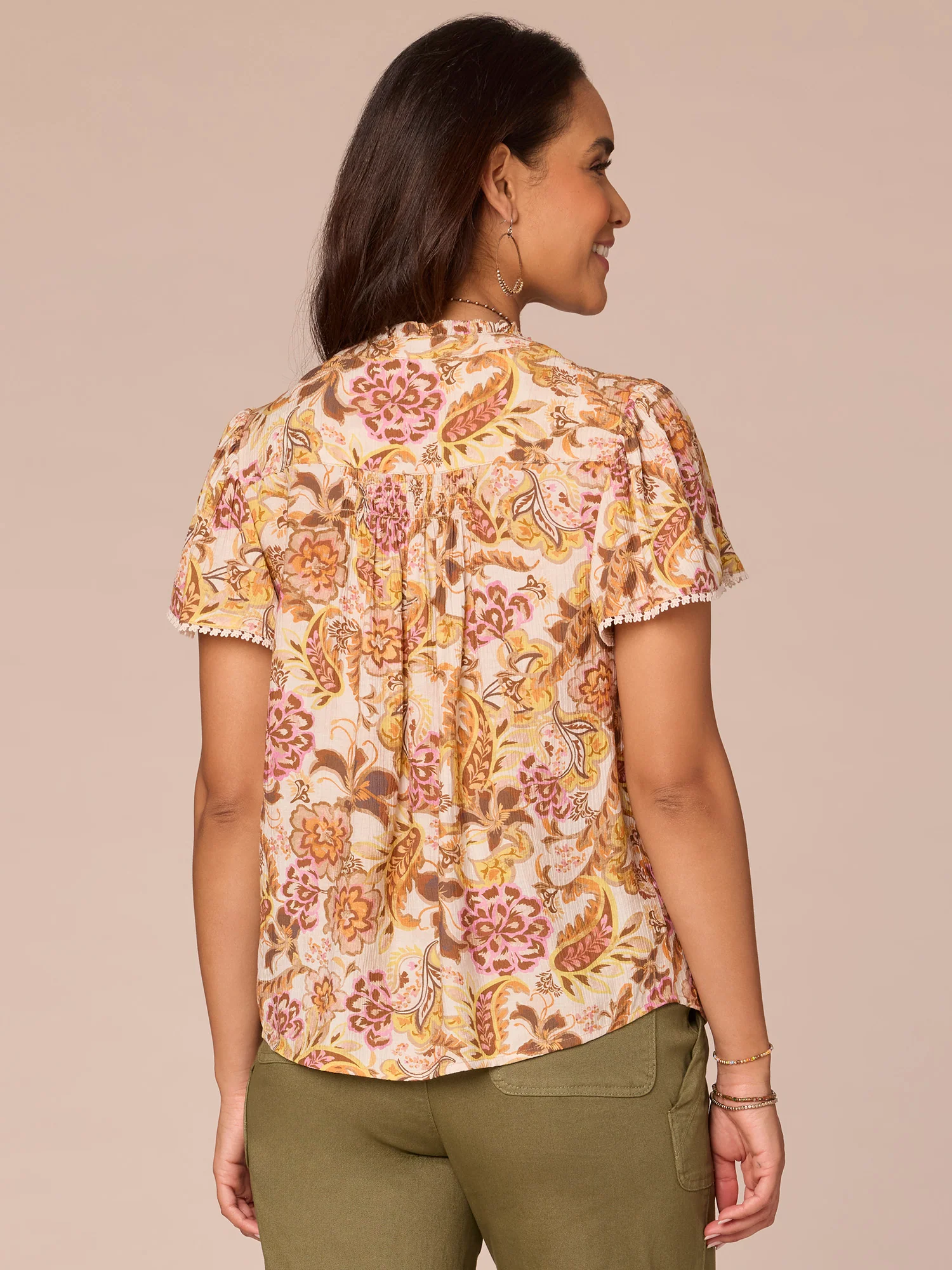 Flounce Sleeve Stand Collar Button Down Printed Petite Woven Top - Legahigh