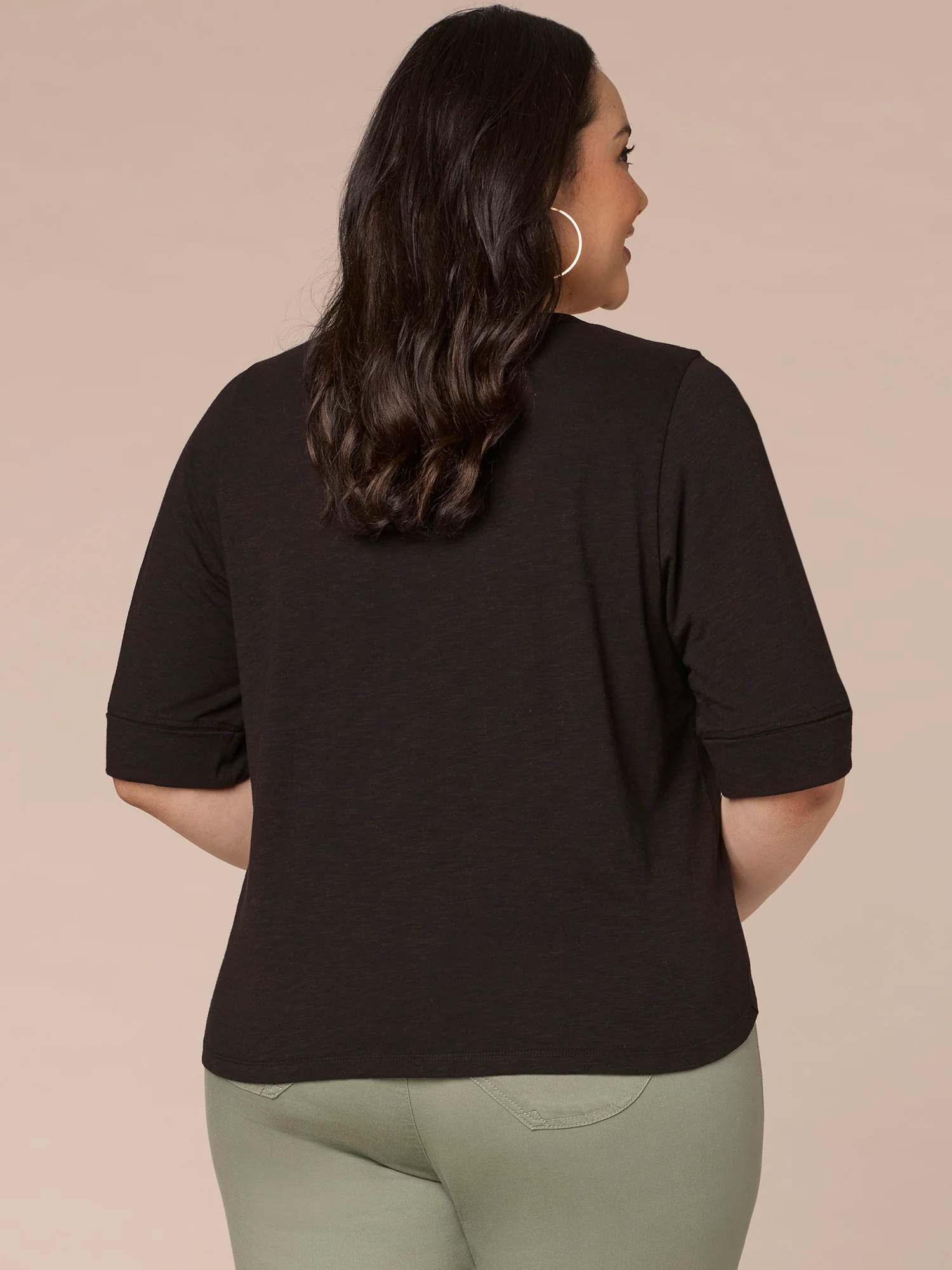 Roll Cuff Sleeve Round Split V-Neck Surplus Hem Plus Size Knit Top - Legahigh