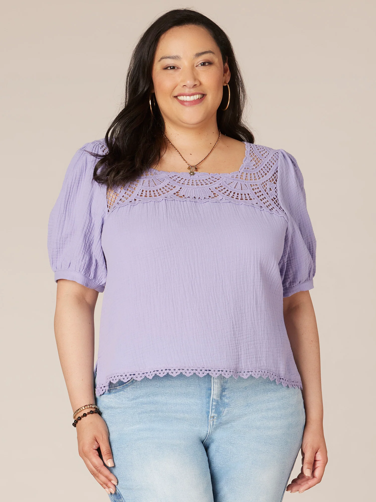 Above Elbow Sleeve Square Neck Plus Size Woven Top with Crochet - Legahigh
