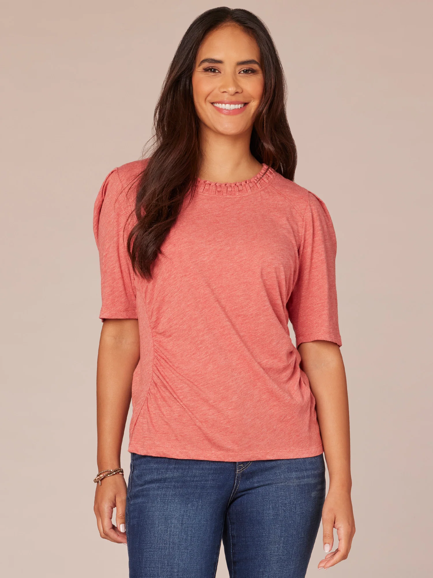 Pleated Elbow Sleeve Scoop Neck Knit Top with Soutache Detail - Legahigh