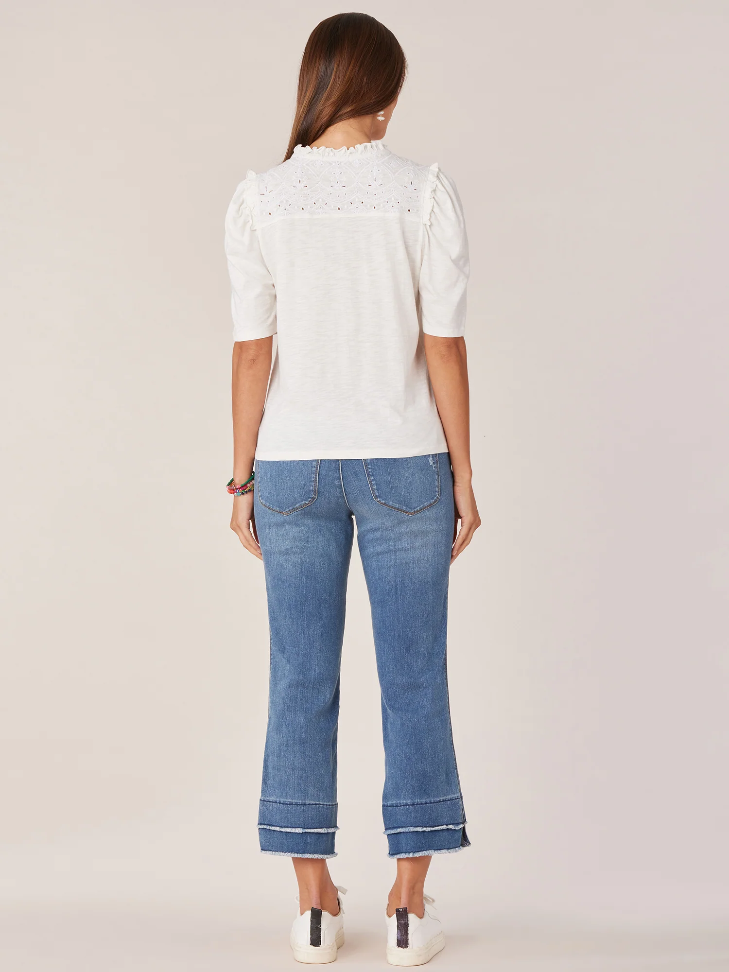 Round Ruffle Neck Elbow Puff Sleeve Half Button Down Knit Top - Legahigh