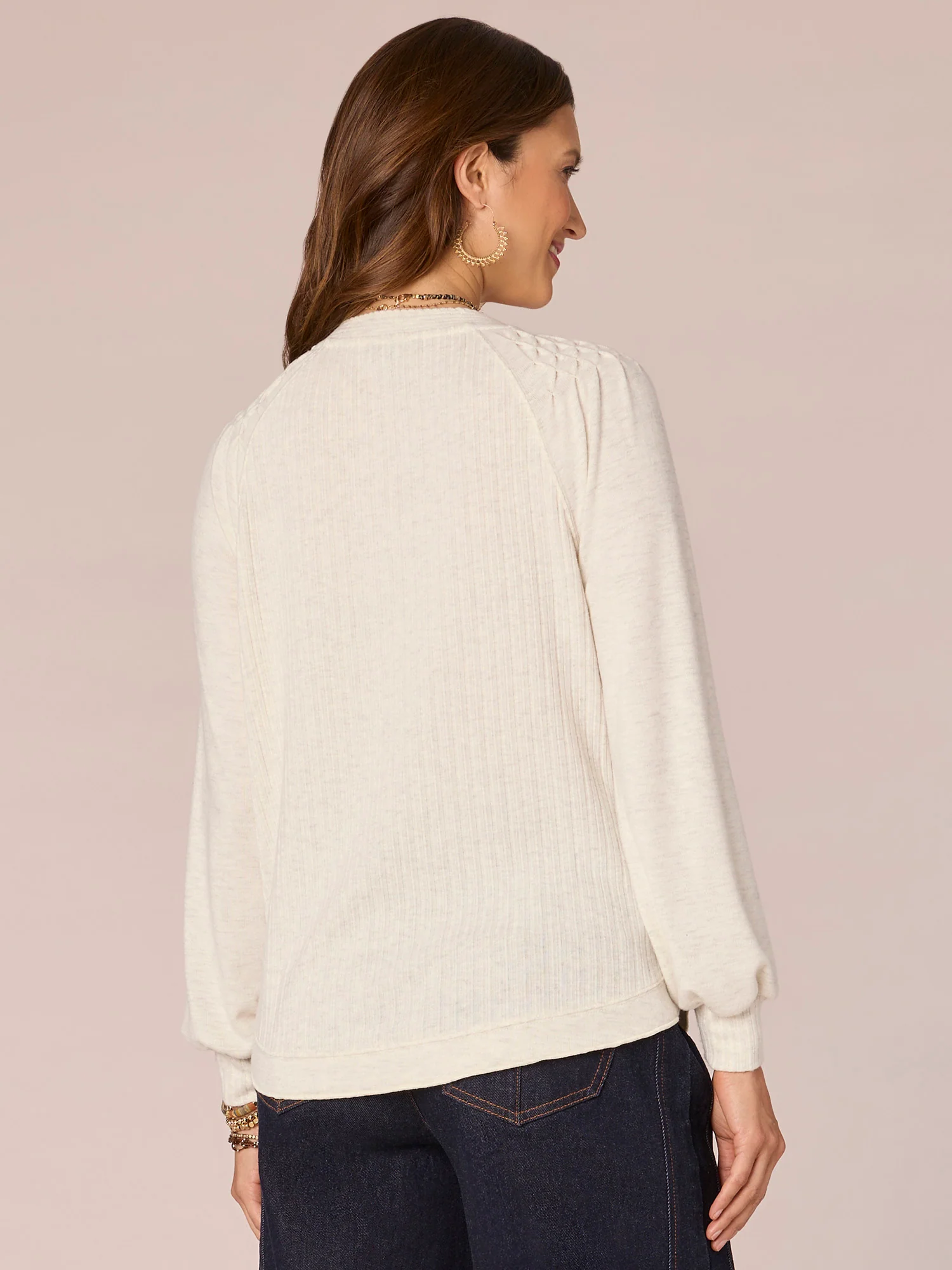 Long Blouson Sleeve Mandarin Collar V-Placket Petite Knit Top - Legahigh