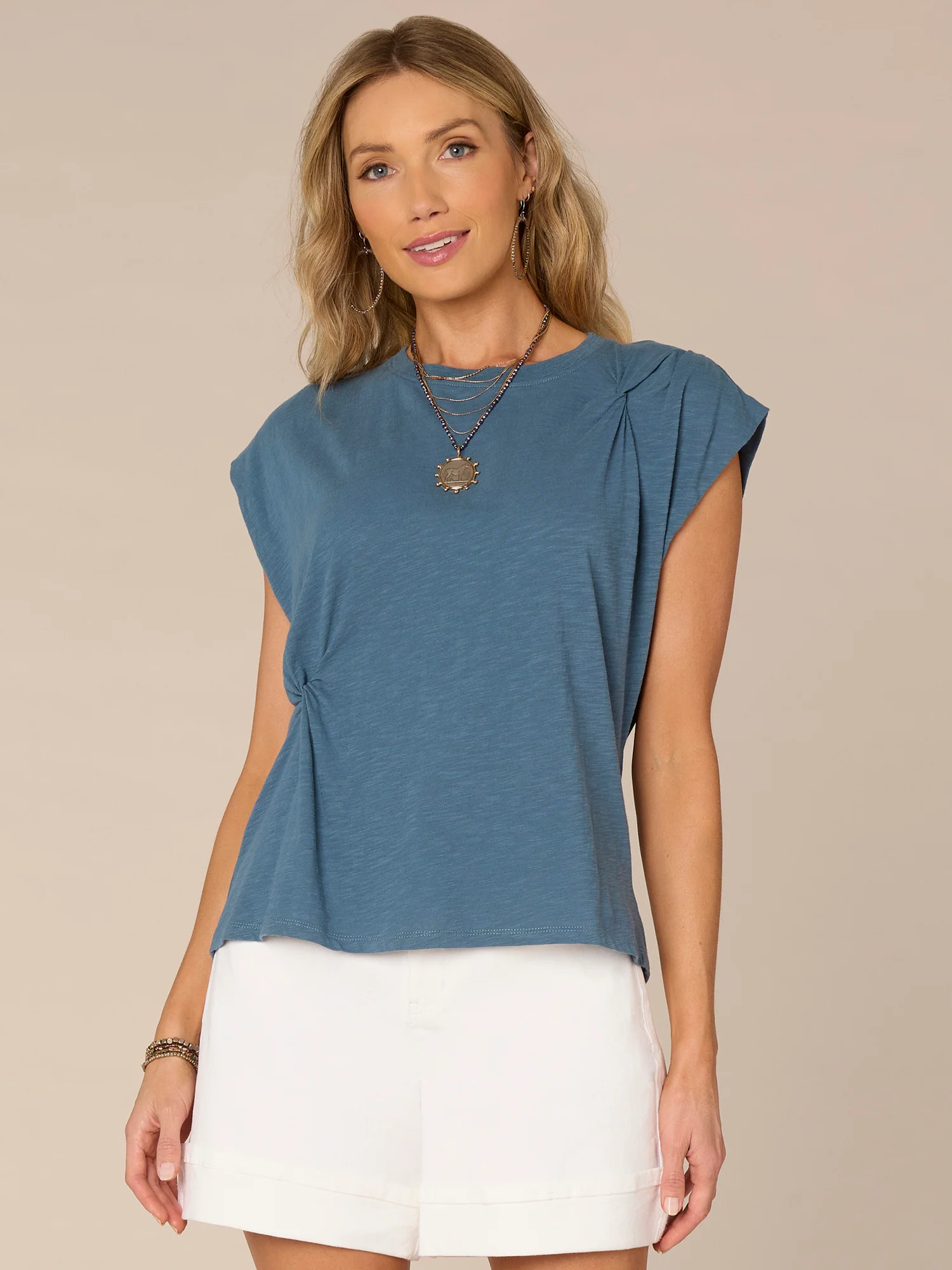 Extended Origami Sleeve Scoop Neck Asymmetrical Twist Knit Top - Legahigh