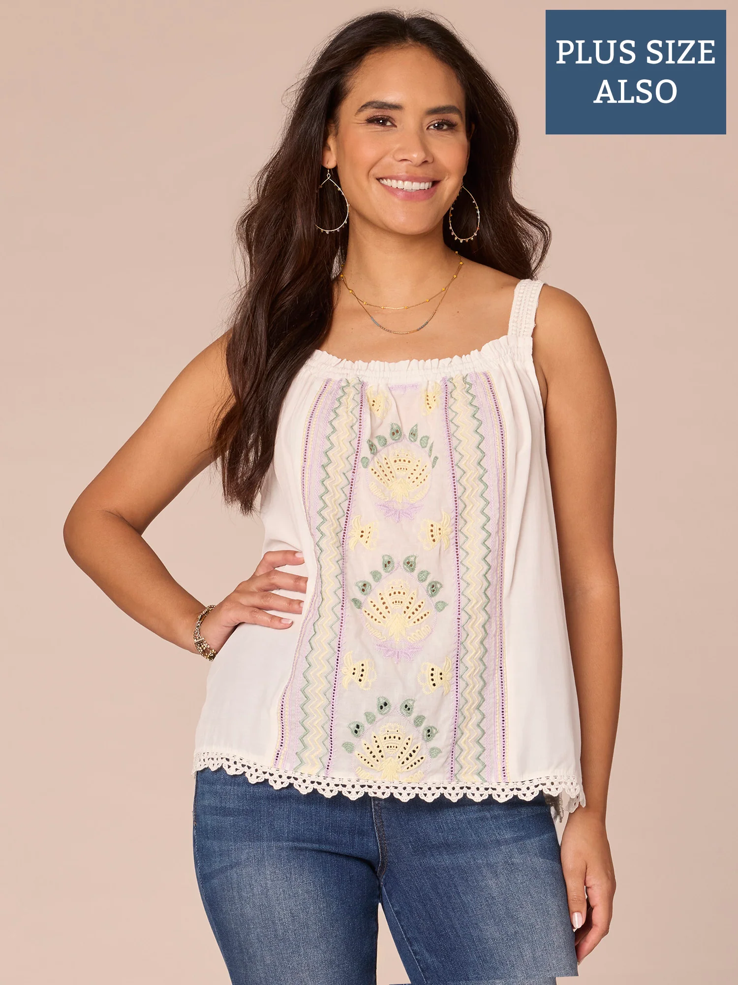 Plus Size Wide Strap Square Neck Scallop Hem Woven Tank Top - Legahigh